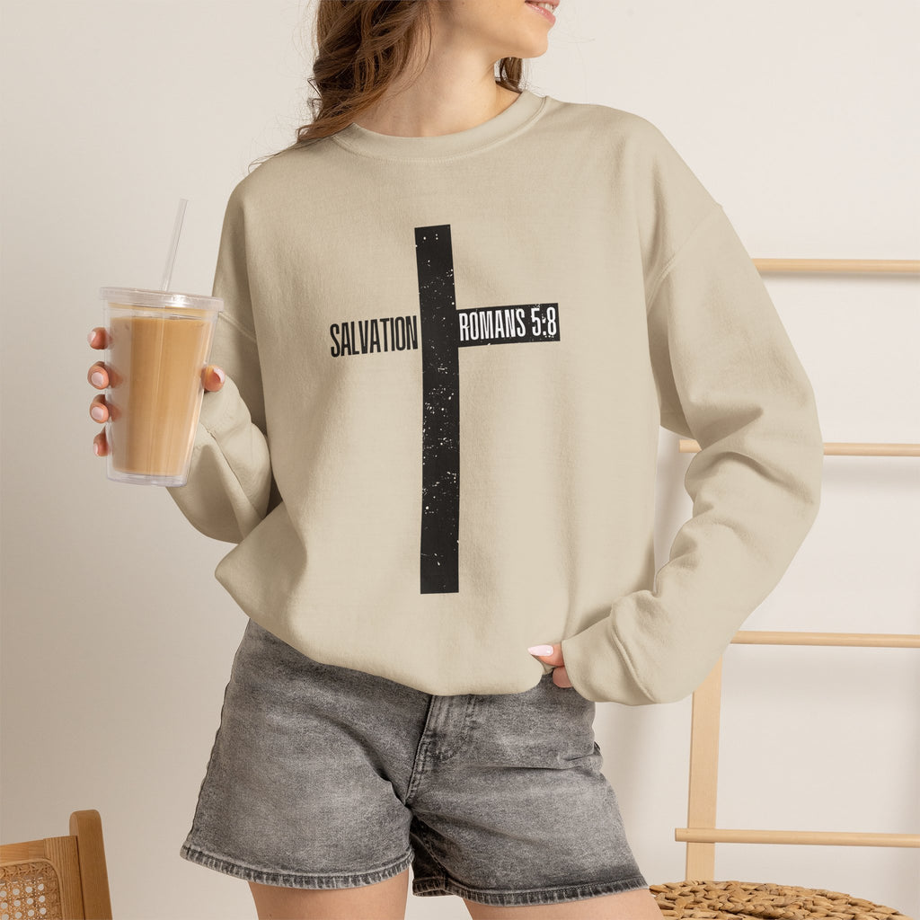 Christian Crewneck Sweatshirt "Salvation" Romans 5:8 Pullover, Jesus Cross Apparel, Faith Grace Graphic Sweatshirt