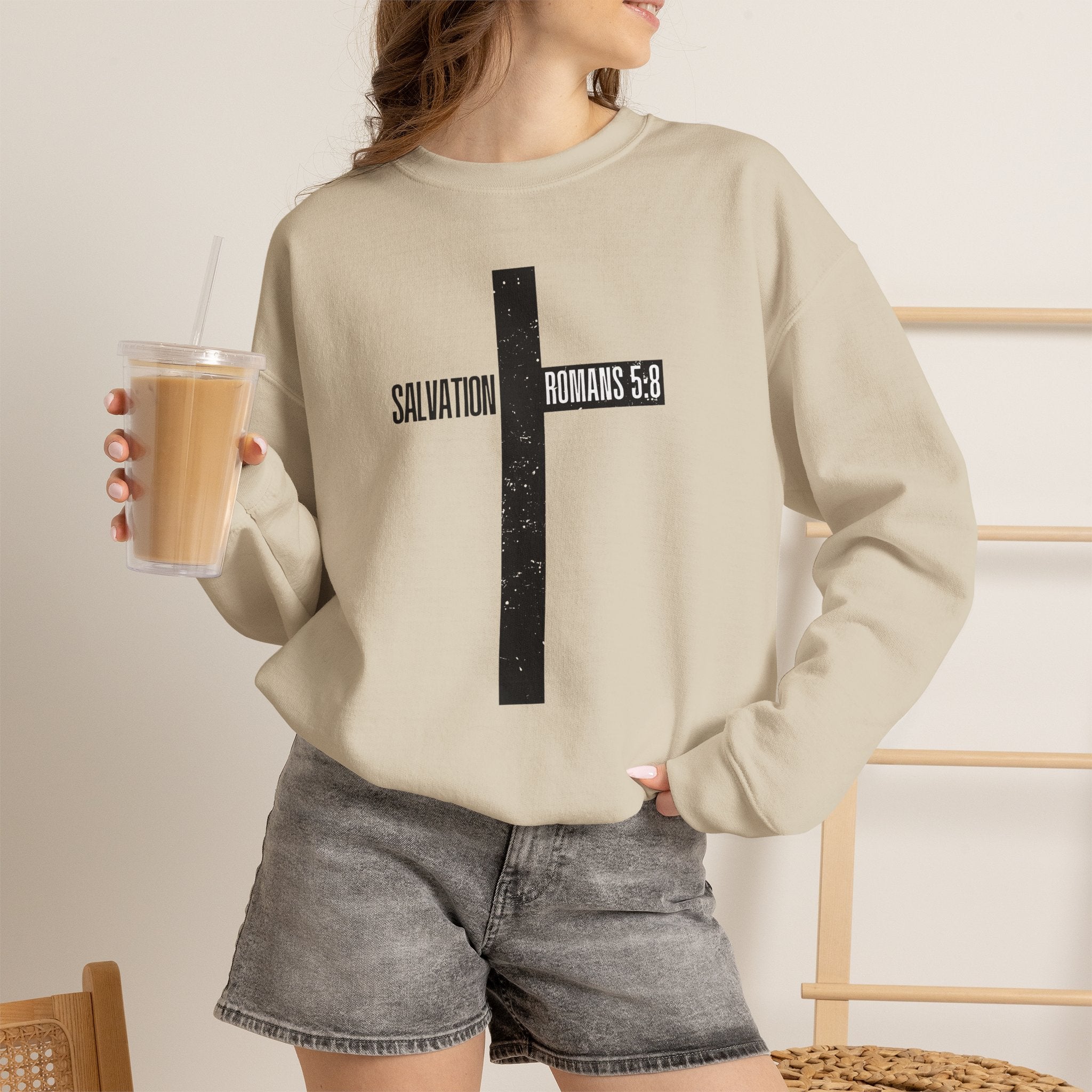 Christian Crewneck Sweatshirt "Salvation" Romans 5:8 Pullover, Jesus Cross Apparel, Faith Grace Graphic Sweatshirt