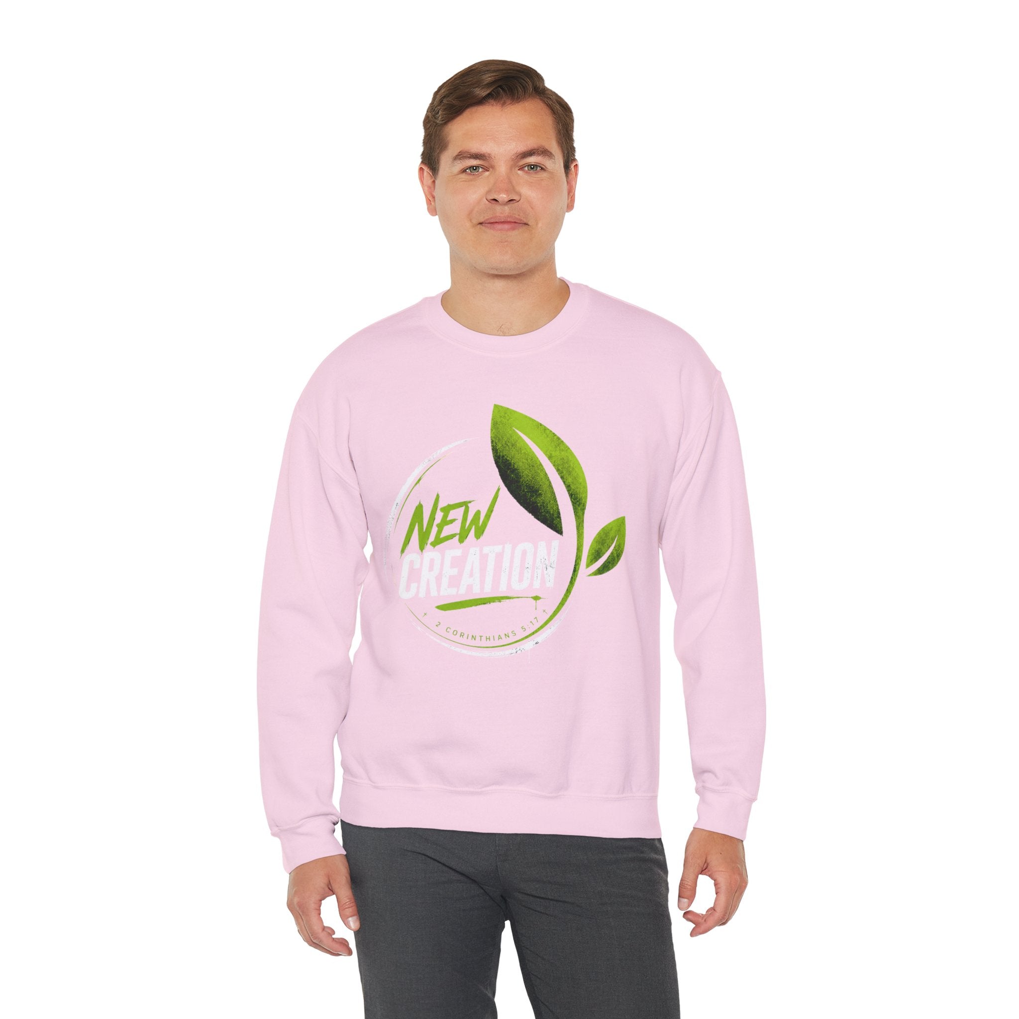 Christian Crewneck Sweatshirt "New Creation" Pullover, 2 Corinthians 5:17 Scripture Apparel, Green Leaf Graphic Sweatshirt