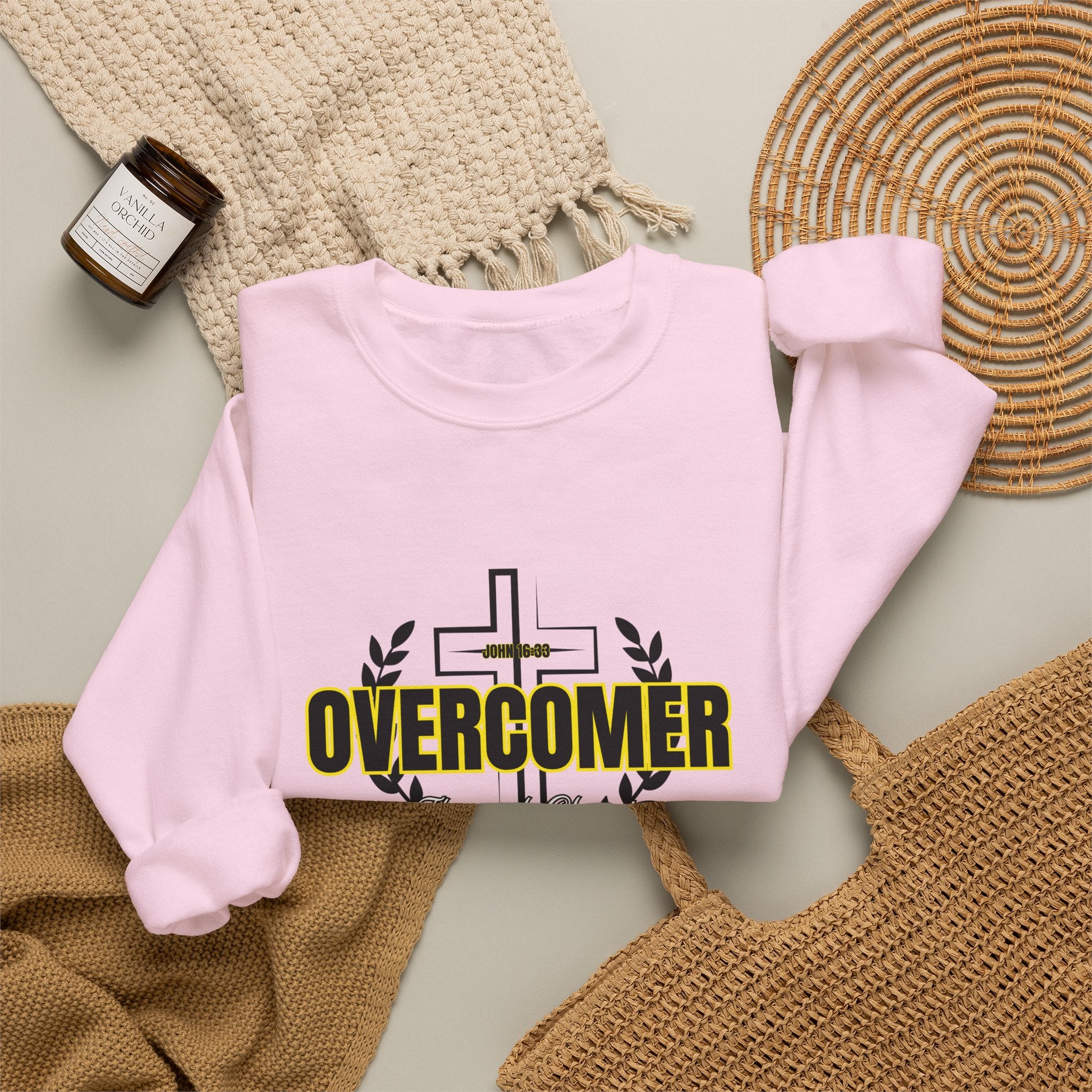 "Overcomer" Cross Graphic Crewneck – Unisex Minimalist Faith Pullover