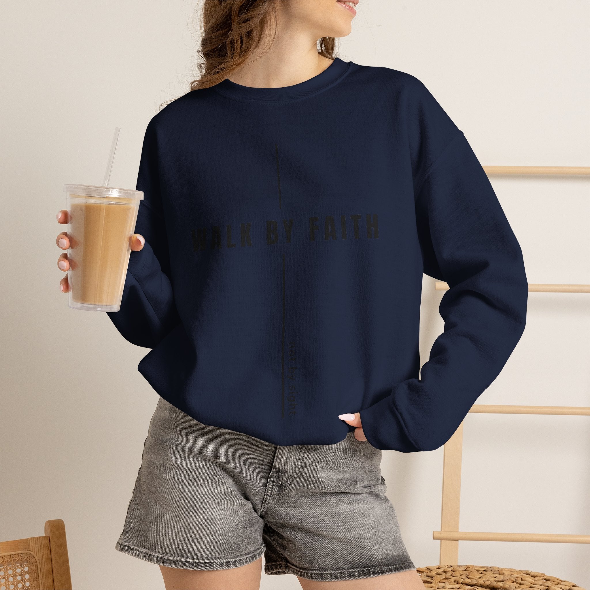 Christian Crewneck Sweatshirt "Walk By Faith" Pullover, 2 Corinthians 5:7 Apparel, Minimalist Faith Graphic Sweatshirt