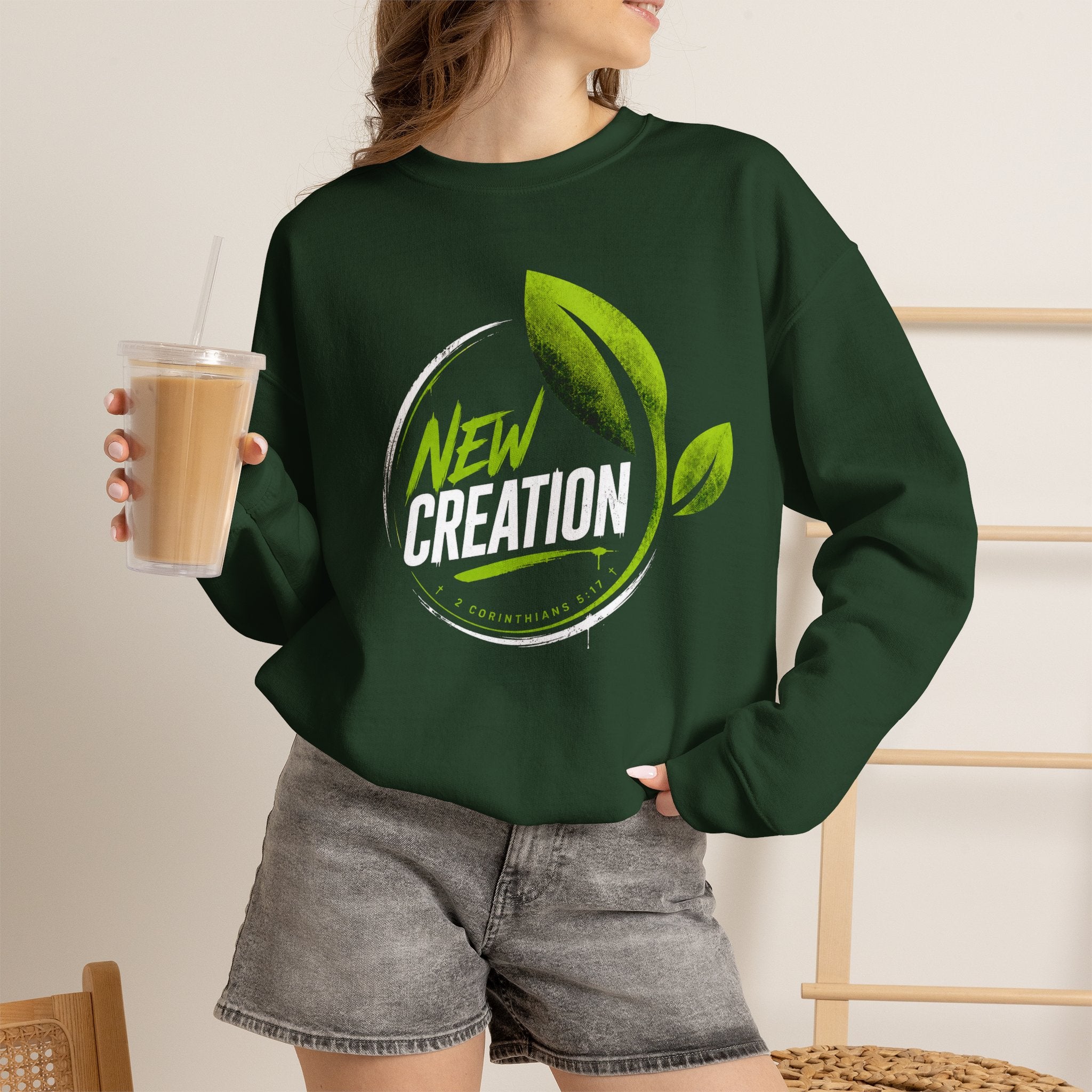 New Creation Sweatshirt – Christian Faith Green Leaf Crewneck