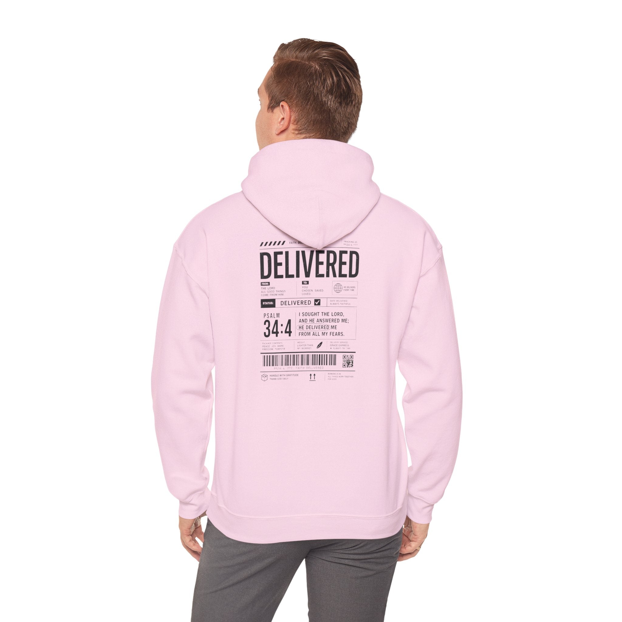 Christian Graphic Hoodie 'Delivered' Shipping Label Pullover, Faith-Based Streetwear Sweatshirt