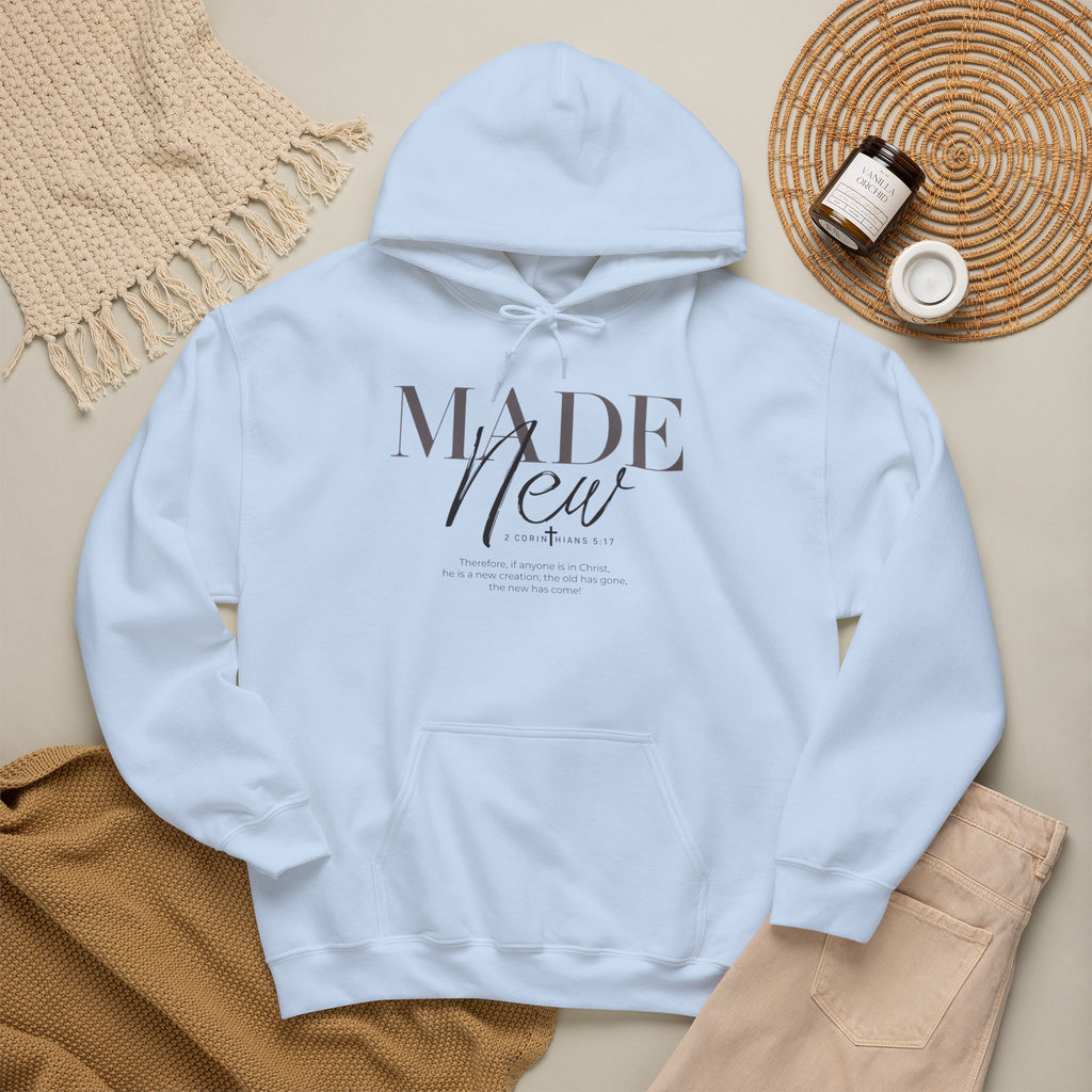 Minimalist Hoodie "Made New" Front Print Pullover, Inspirational Christian Sweatshirt, Aesthetic Faith Clothing