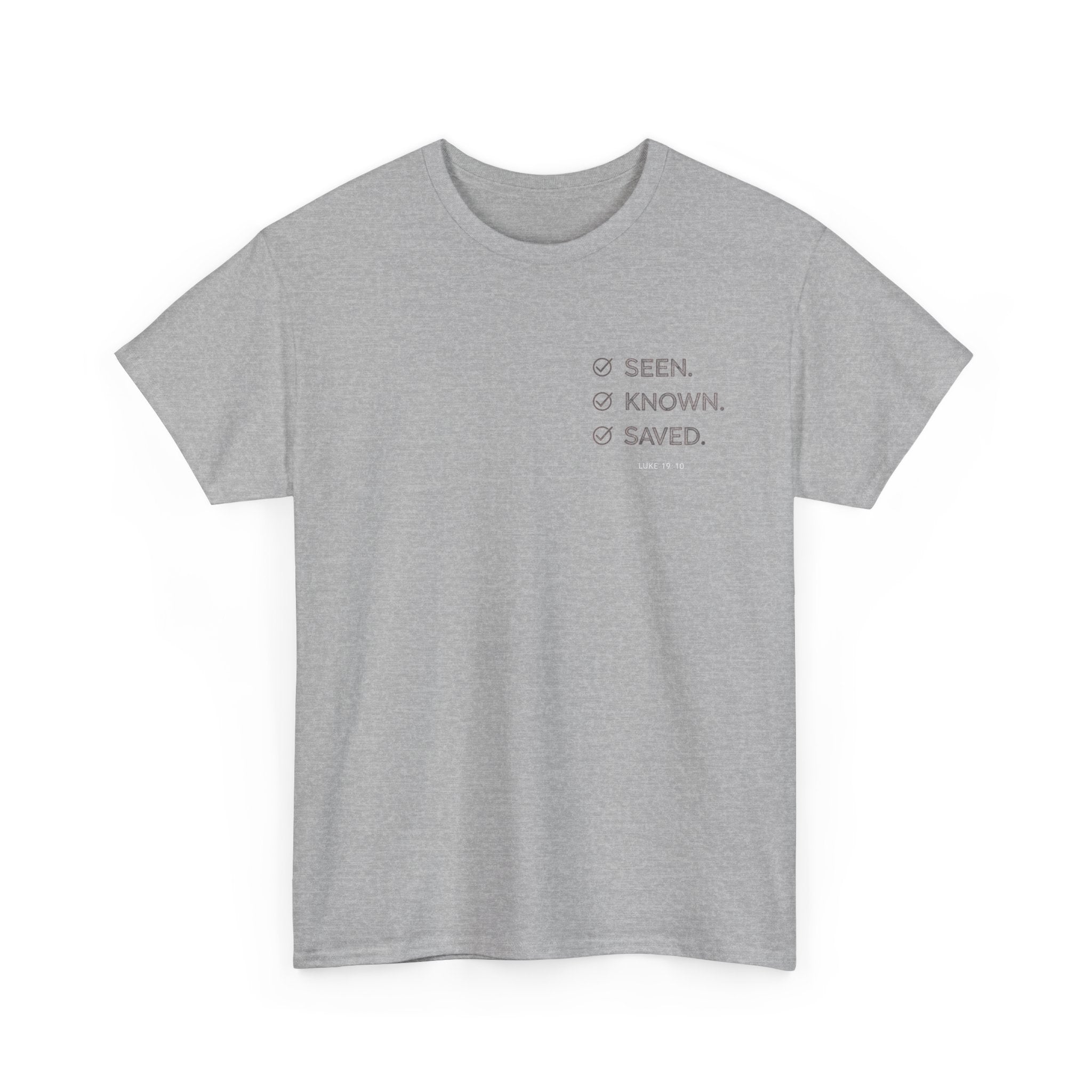 Black Text-Pattern T-Shirt — Seen Known Saved Christian Typography Graphic Tee