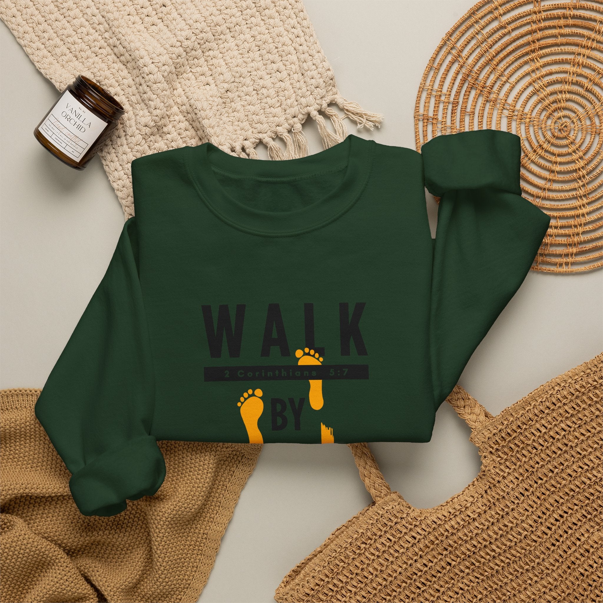 Christian Crewneck Sweatshirt "Walk By Faith" Pullover, 2 Corinthians 5:7 Apparel, Inspirational Faith Graphic Sweatshirt