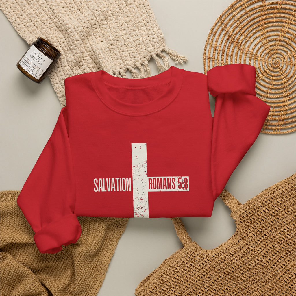 Christian Crewneck Sweatshirt "Salvation" Romans 5:8 Pullover, White Cross Graphic Apparel, Rustic Style Faith Sweatshirt