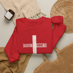 Christian Crewneck Sweatshirt "Salvation" Romans 5:8 Pullover, White Cross Graphic Apparel, Rustic Style Faith Sweatshirt