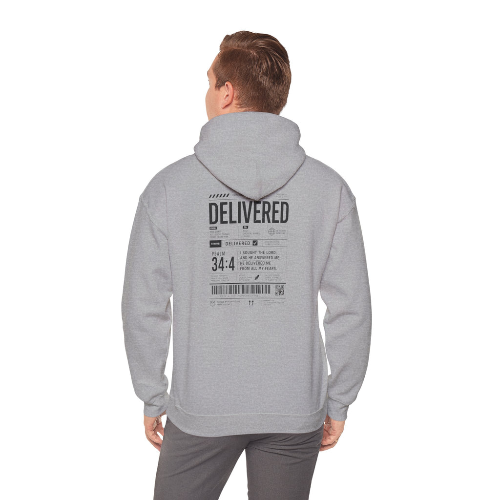 Christian Graphic Hoodie 'Delivered' Shipping Label Pullover, Faith-Based Streetwear Sweatshirt