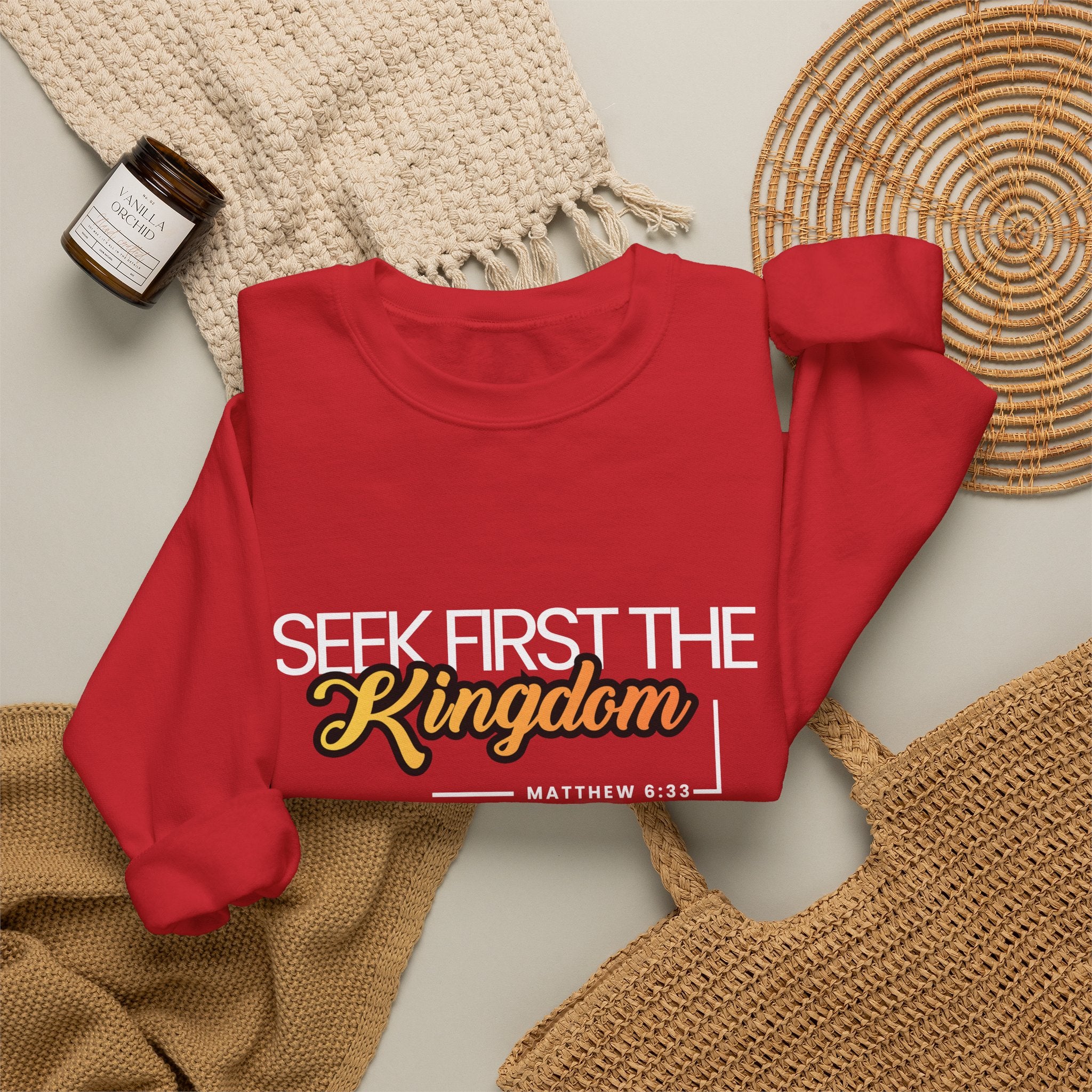 Christian Crewneck Sweatshirt "Seek First the Kingdom" Pullover, Matthew 6:33 Scripture Apparel, Inspirational Faith Graphic Sweatshirt