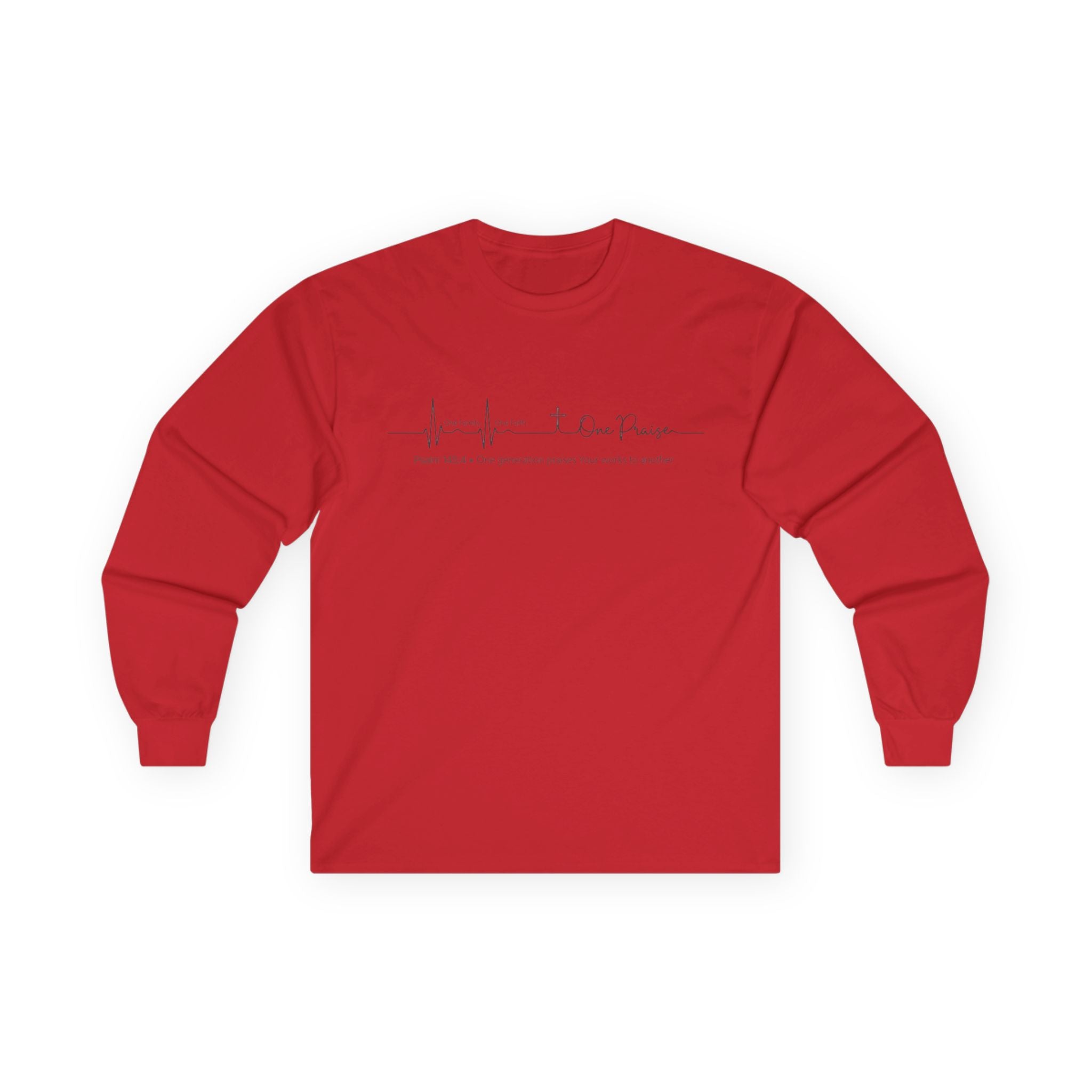 Long Sleeve Tee — Hope Heartbeat Cross "One Faith One Family One Praise" Minimalist Christian Shirt