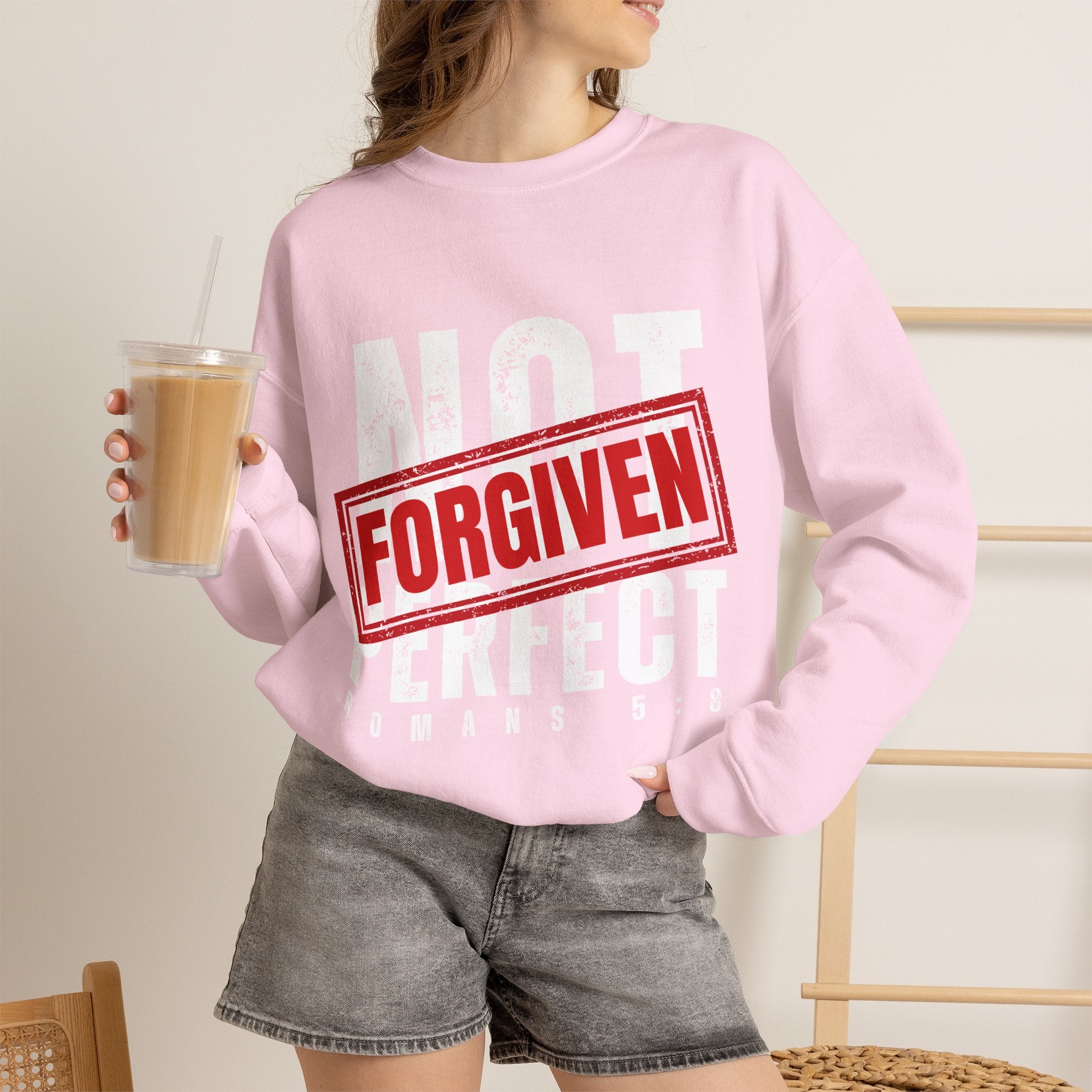 Christian Crewneck Sweatshirt — "Not Perfect, Forgiven" (Romans 5:8)