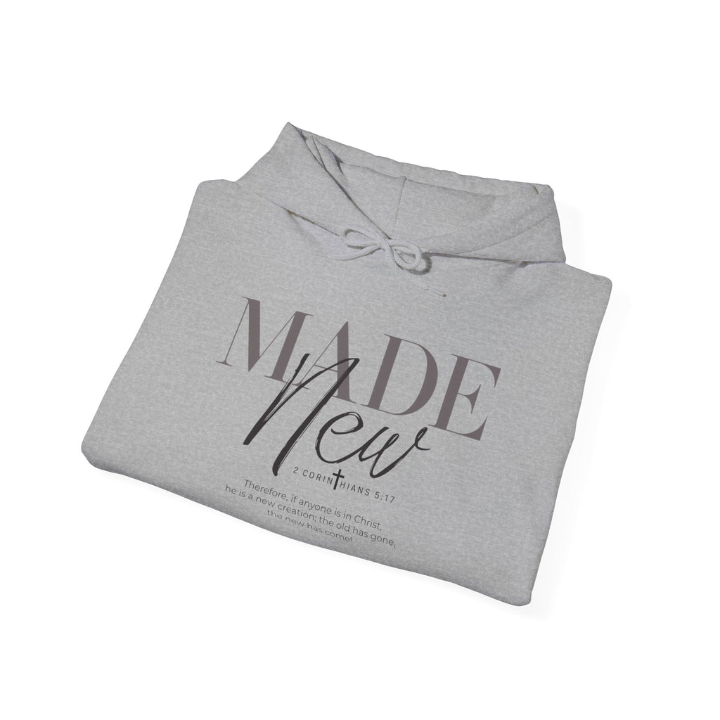 Minimalist Hoodie "Made New" Front Print Pullover, Inspirational Christian Sweatshirt, Aesthetic Faith Clothing