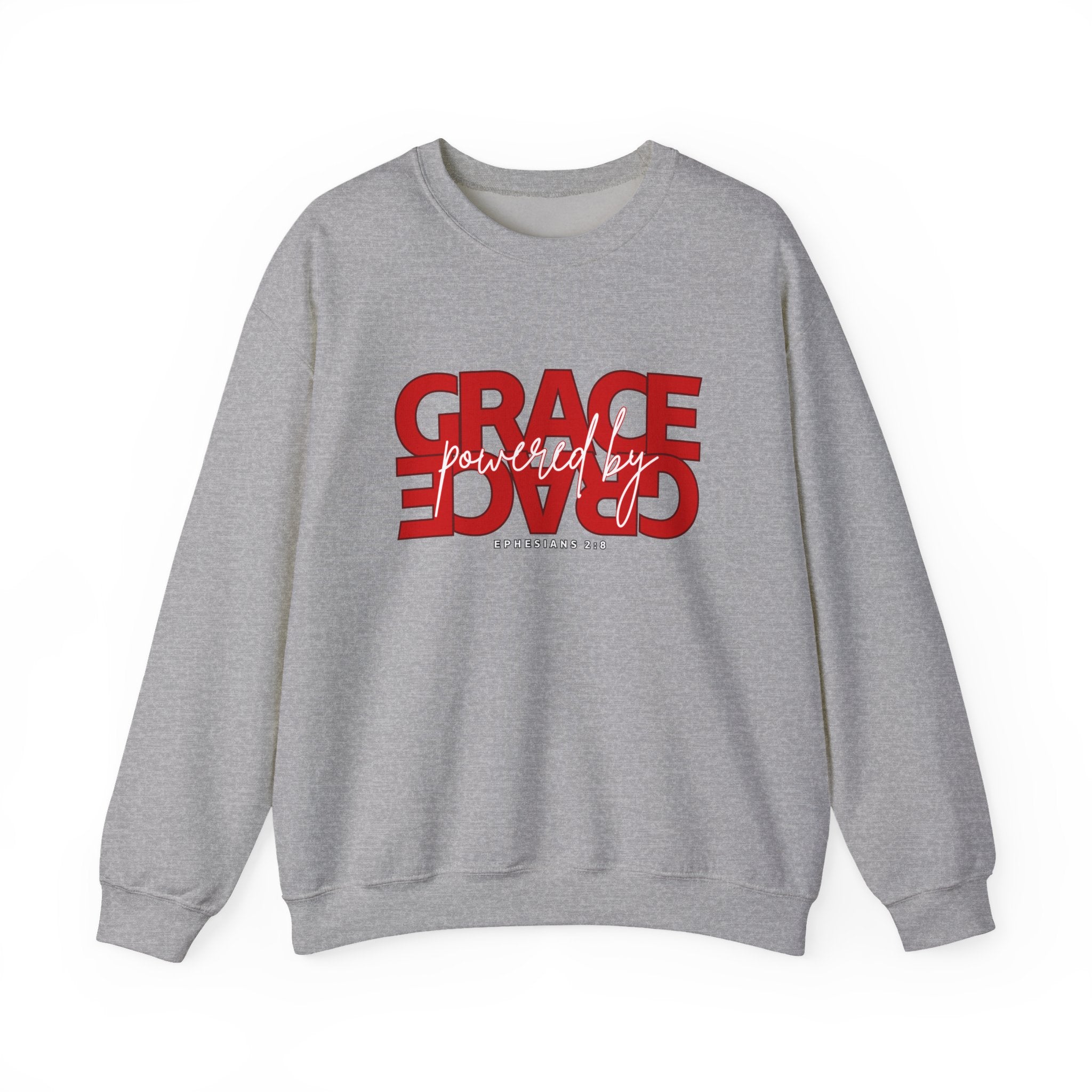 Crewneck Sweatshirt — "Grace Powered By God" Christian Faith Pullover (Ephesians 2:8)