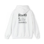 Christian Graphic Hoodie 'Delivered' Shipping Label Pullover, Faith-Based Streetwear Sweatshirt