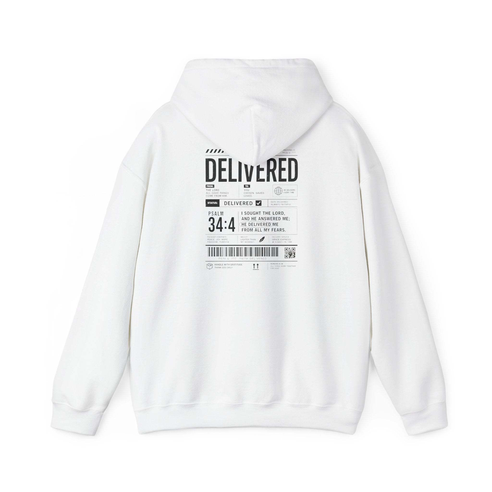 Christian Graphic Hoodie 'Delivered' Shipping Label Pullover, Faith-Based Streetwear Sweatshirt