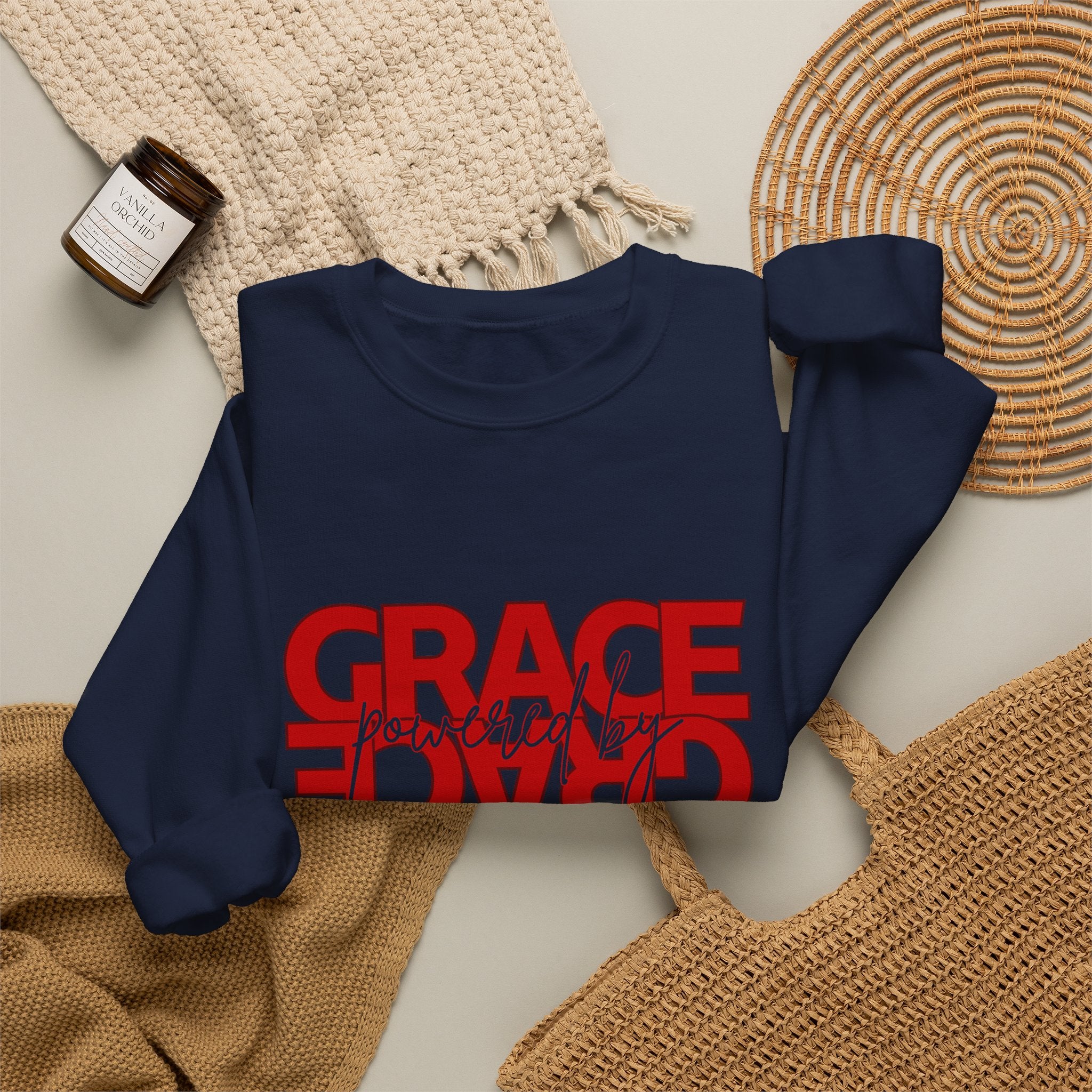 Christian Crewneck Sweatshirt "Grace" Reversed Pullover, Modern Minimalist Faith Apparel, Unique Graphic Scripture Sweater