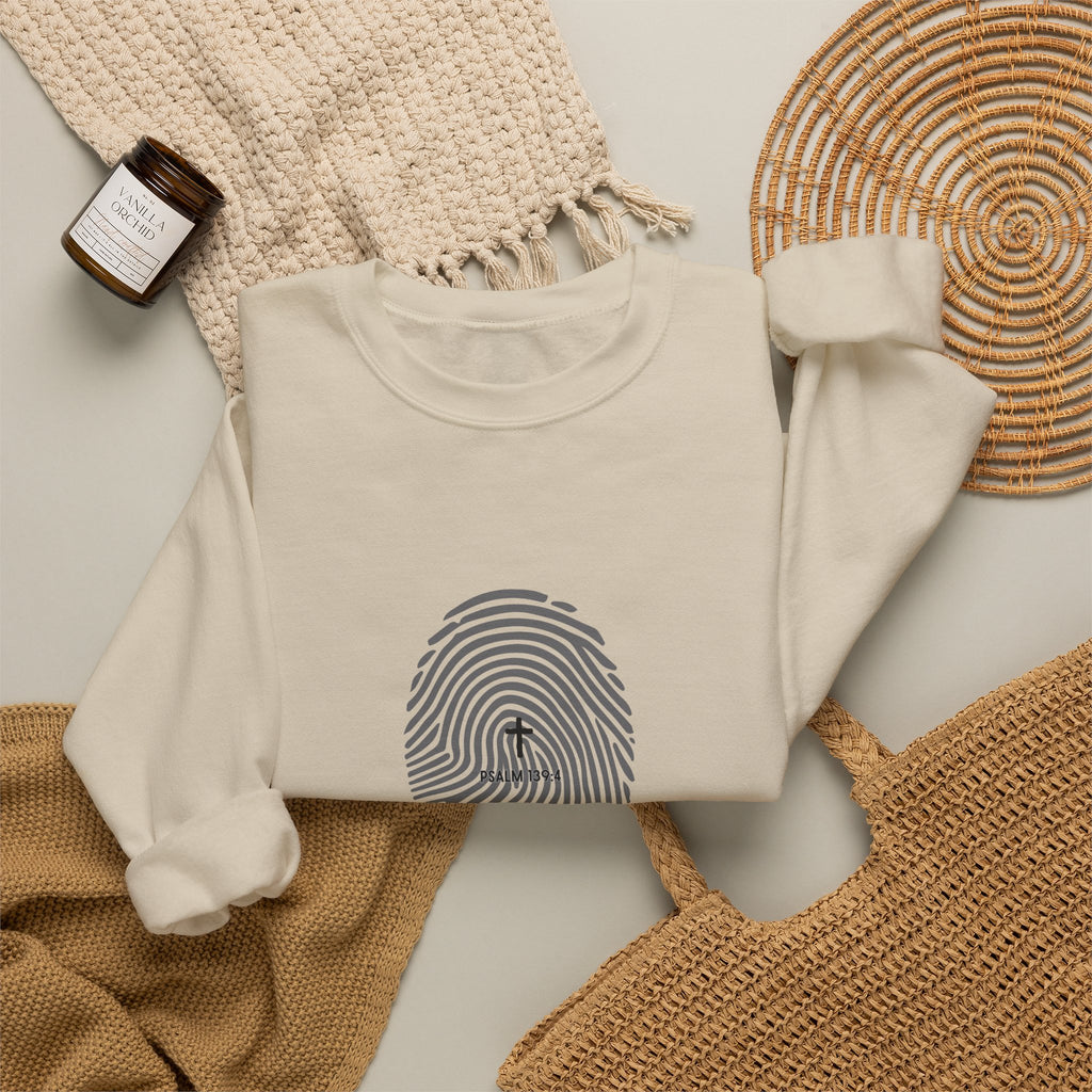 Christian Crewneck Sweatshirt "Heavenly Crafted" Fingerprint Pullover, Psalm 139 Identity Apparel, Unique Faith Graphic Sweatshirt