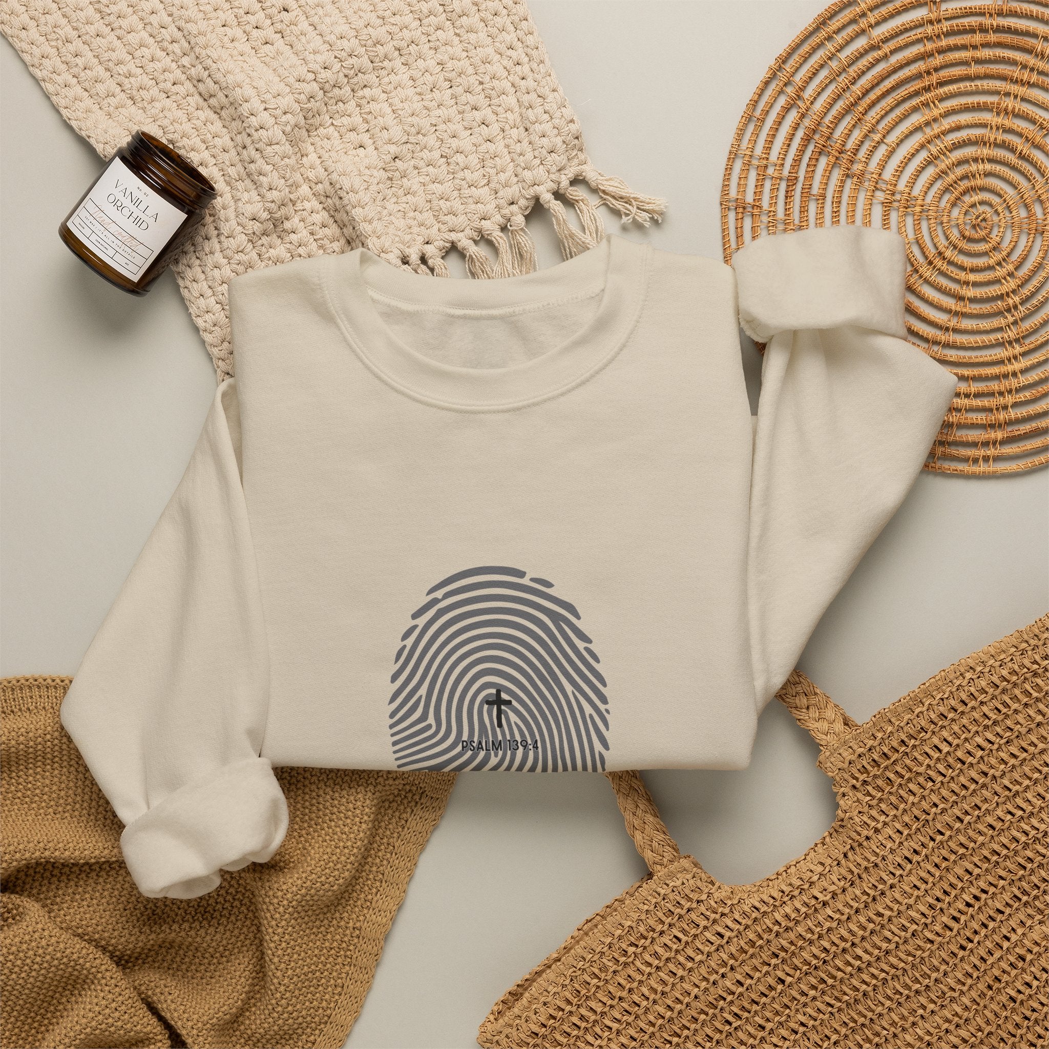 Christian Crewneck Sweatshirt "Heavenly Crafted" Fingerprint Pullover, Psalm 139 Identity Apparel, Unique Faith Graphic Sweatshirt