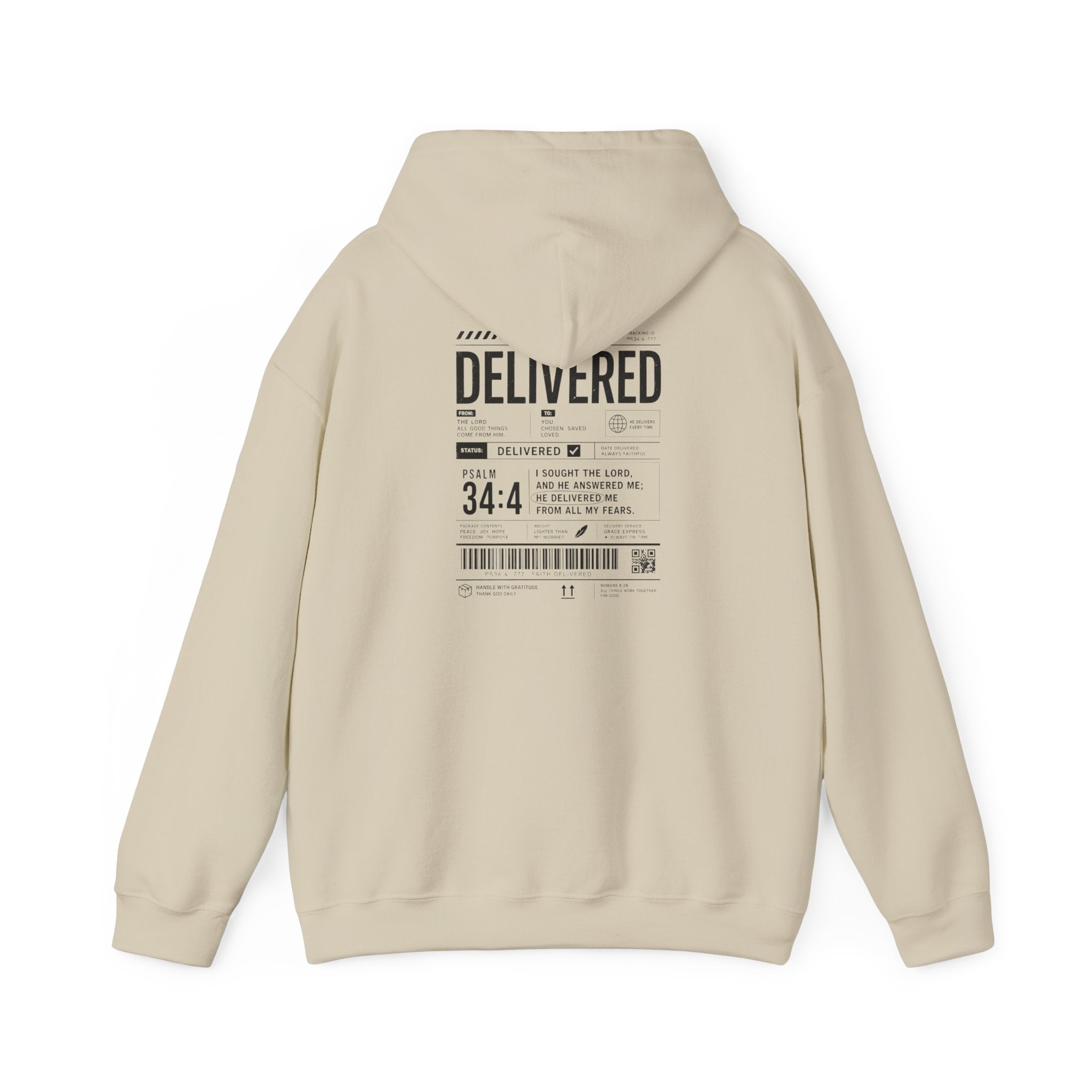 Christian Graphic Hoodie 'Delivered' Shipping Label Pullover, Faith-Based Streetwear Sweatshirt