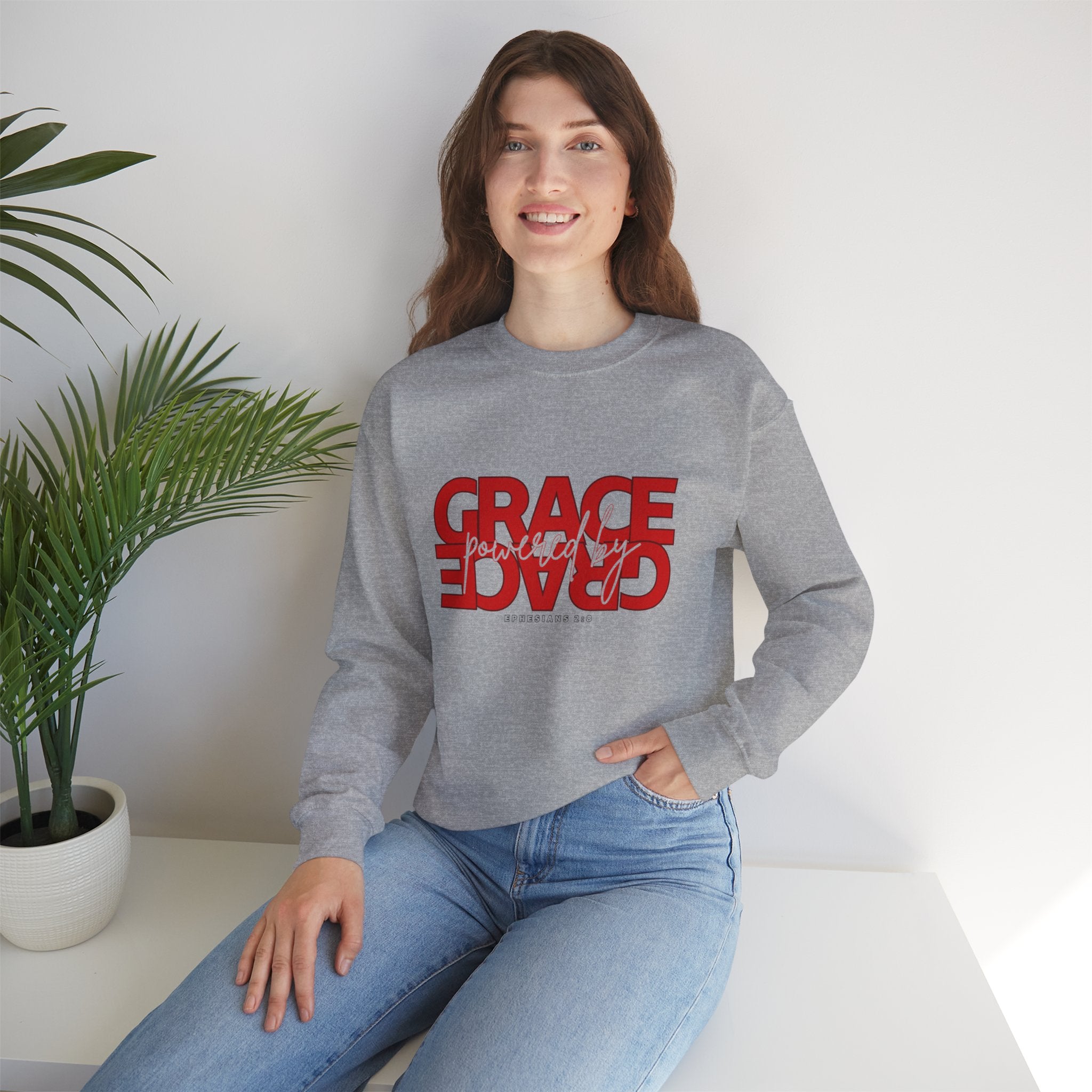 Christian Crewneck Sweatshirt "Grace" Reversed Pullover, Modern Minimalist Faith Apparel, Unique Graphic Scripture Sweater