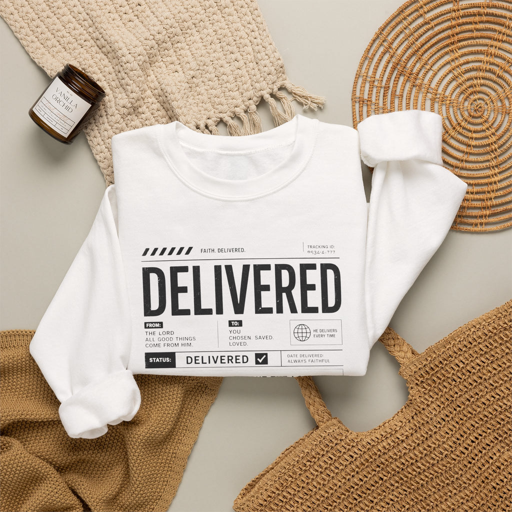 Delivered Sweatshirt — 'Delivered' Typography Crewneck with Psalm 34:4 Design