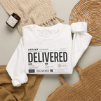 Delivered Sweatshirt — 'Delivered' Typography Crewneck with Psalm 34:4 Design
