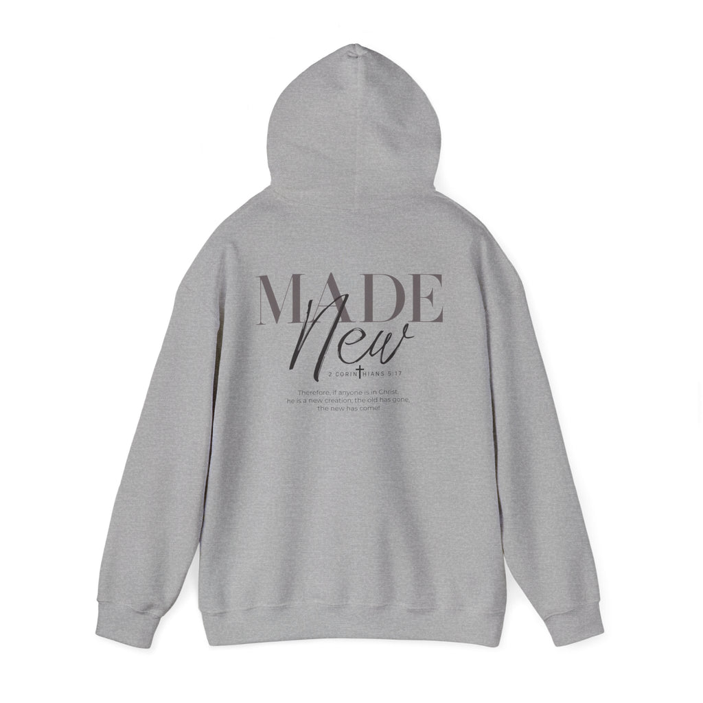 Inspirational Hoodie "Made New" Back Print Pullover, Christian Faith Sweatshirt, Minimalist Graphic Streetwear