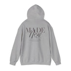 Inspirational Hoodie "Made New" Back Print Pullover, Christian Faith Sweatshirt, Minimalist Graphic Streetwear