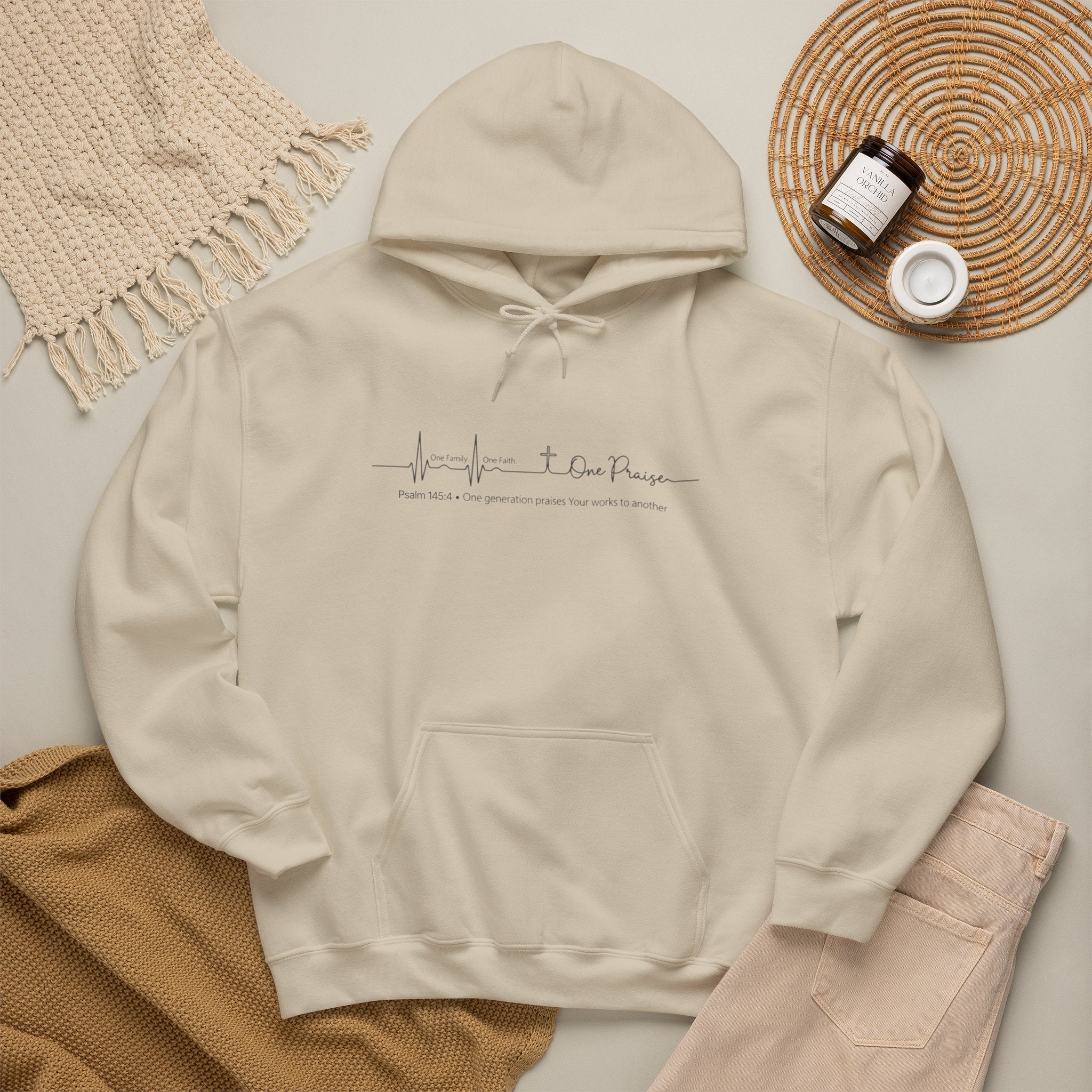 Hoodie "One Faith One Family One Praise" Minimal Heartbeat Faith Script - White Pullover