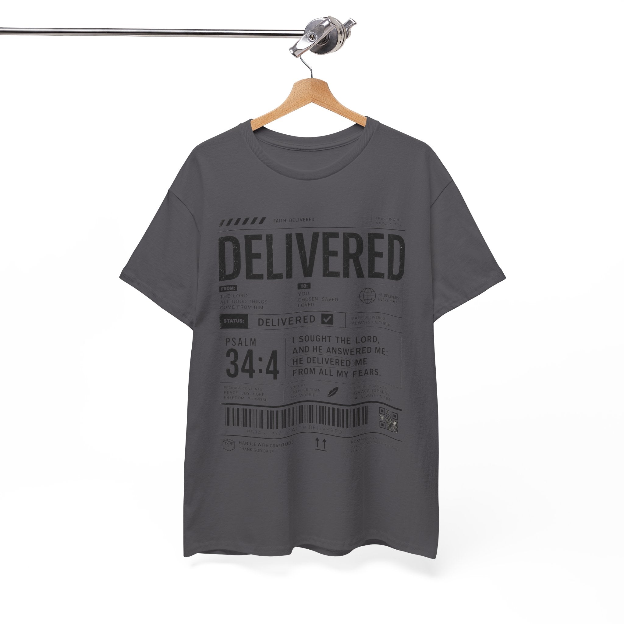 Delivered Graphic Tee — Inspirational Psalm 34:4 Christian T-Shirt