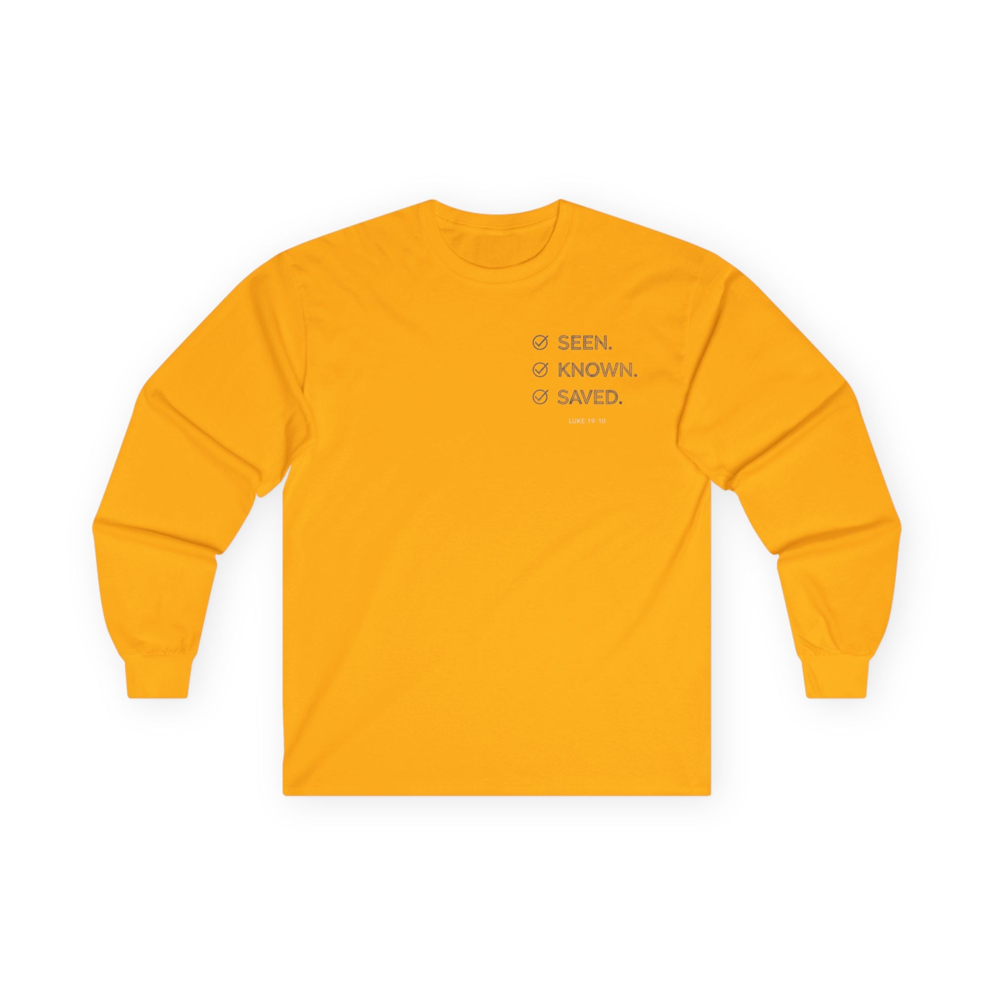 Seen. Known. Saved. Long Sleeve Christian Tee