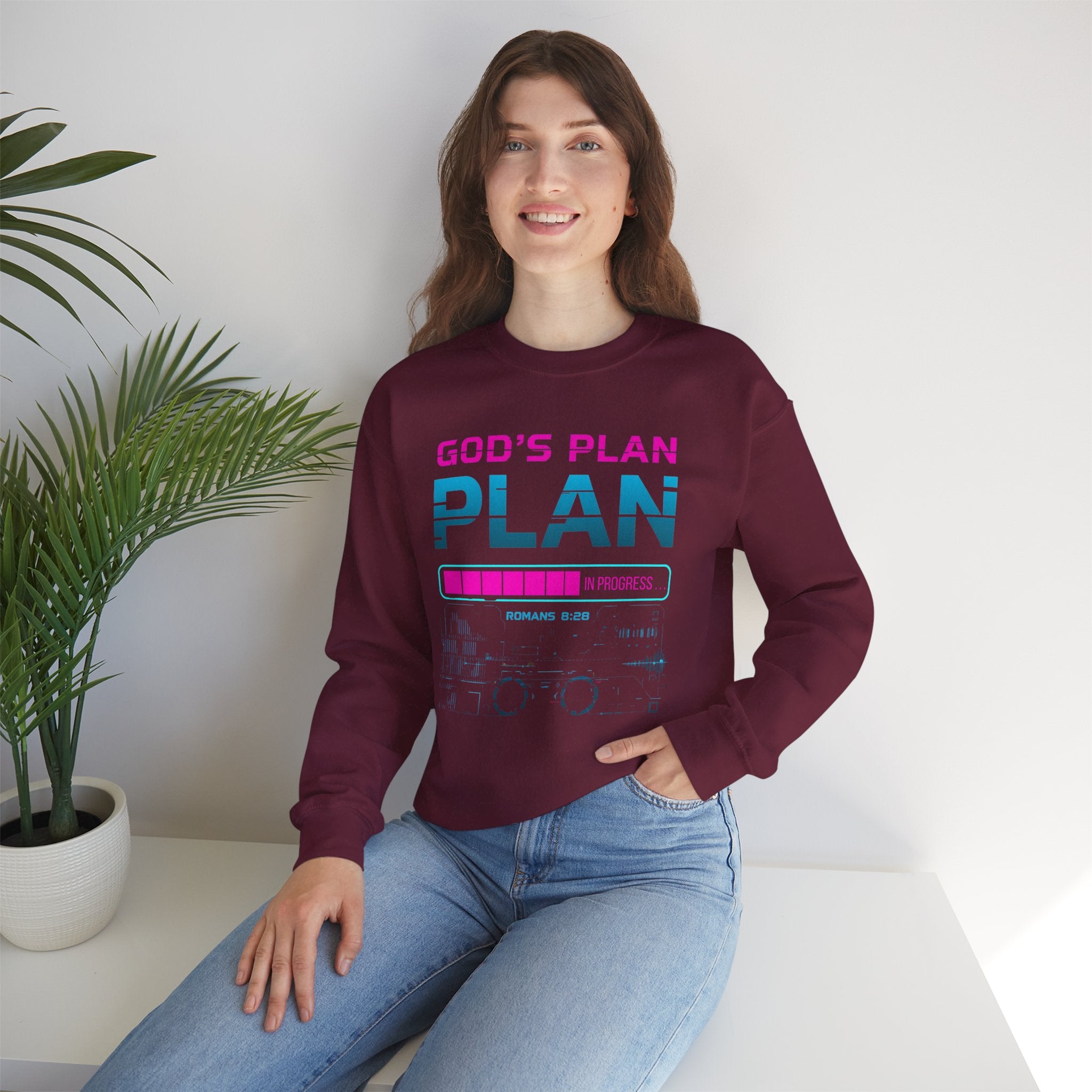 God's Plan Crewneck Sweatshirt — Retro Neon Faith Graphic