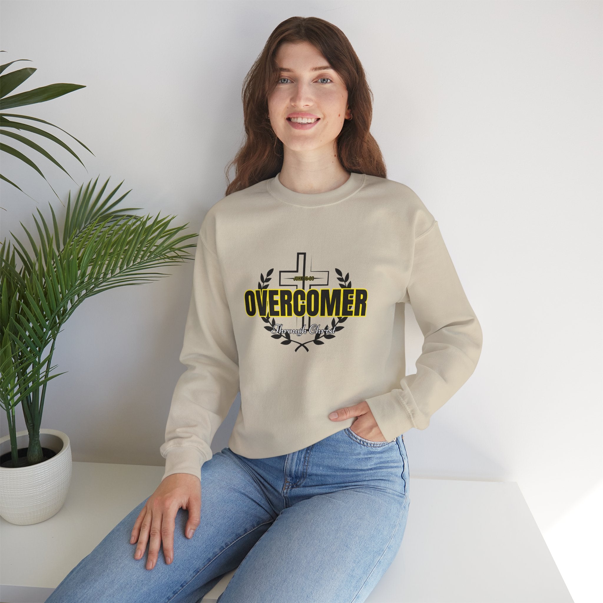 "Overcomer" Cross Graphic Crewneck – Unisex Minimalist Faith Pullover