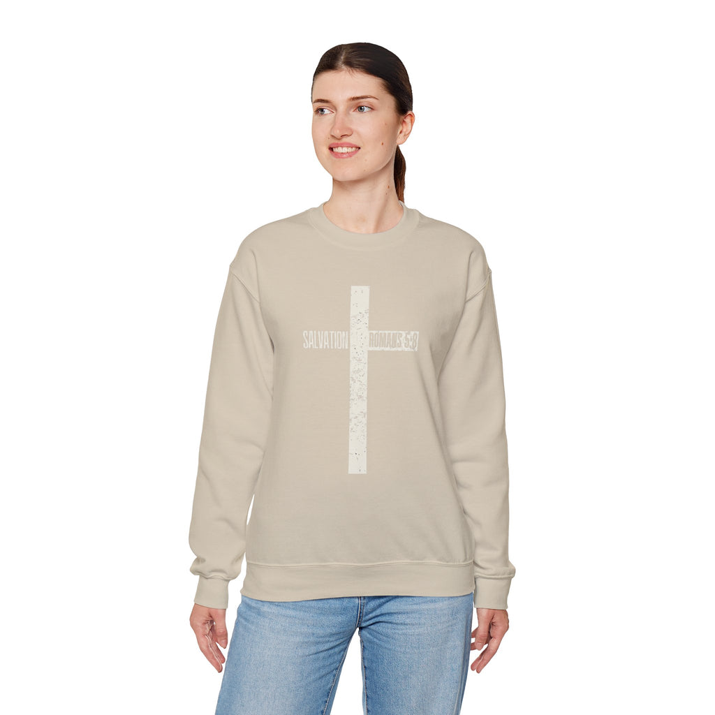 Christian Crewneck Sweatshirt "Salvation" Romans 5:8 Pullover, White Cross Graphic Apparel, Rustic Style Faith Sweatshirt