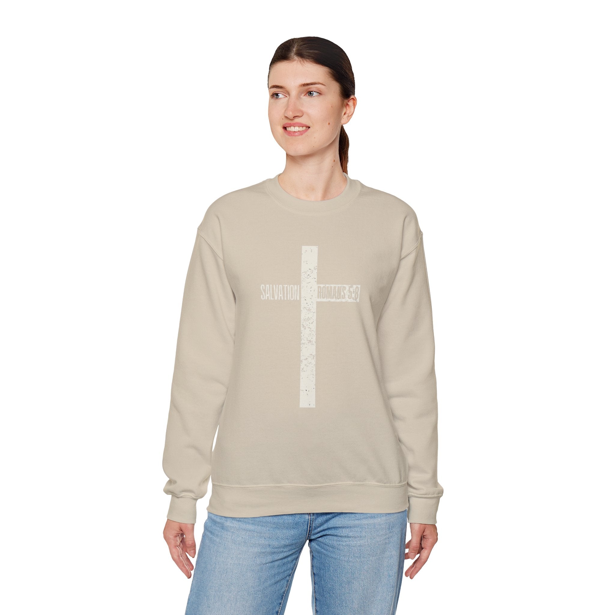 Christian Crewneck Sweatshirt "Salvation" Romans 5:8 Pullover, White Cross Graphic Apparel, Rustic Style Faith Sweatshirt