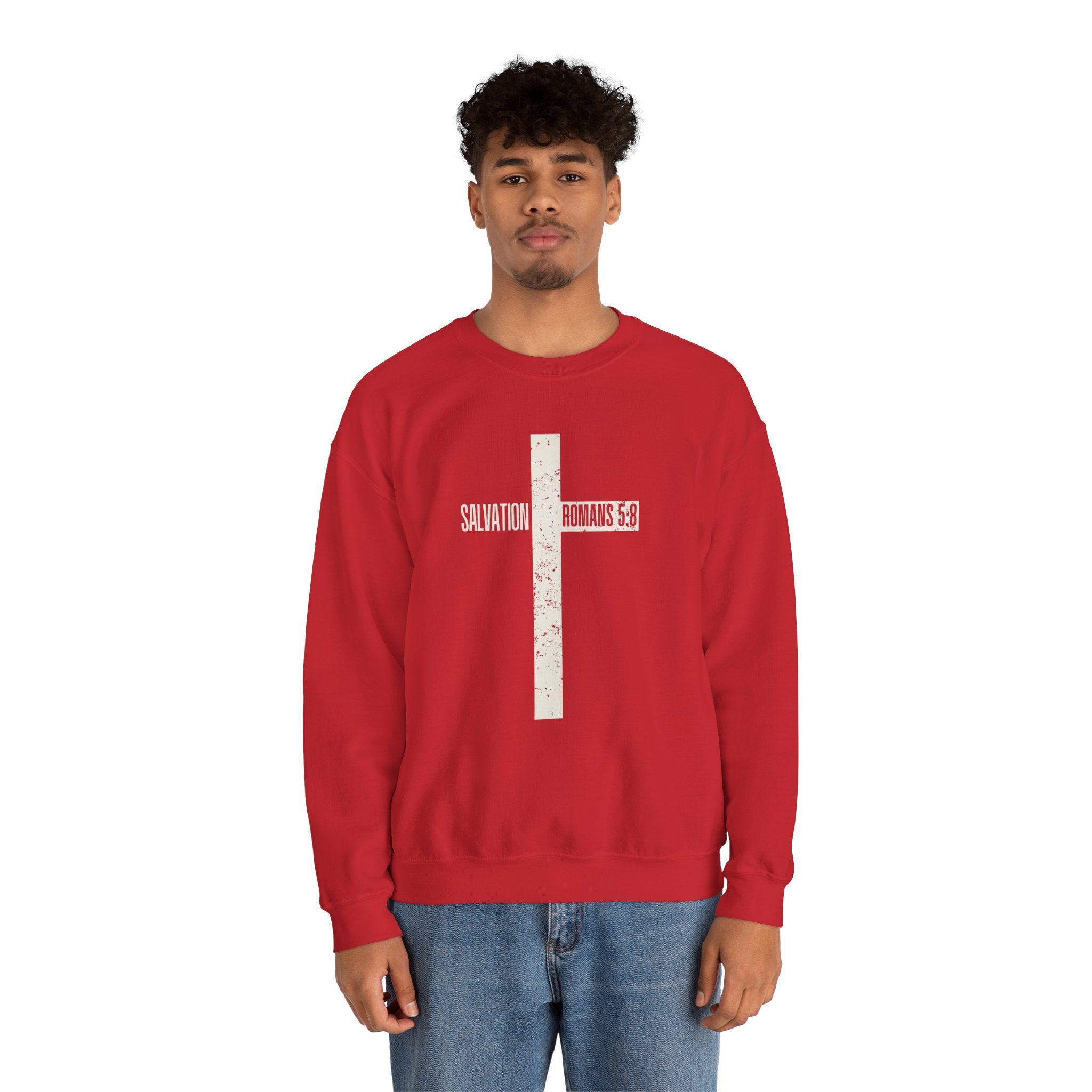 Christian Crewneck Sweatshirt "Salvation" Romans 5:8 Pullover, White Cross Graphic Apparel, Rustic Style Faith Sweatshirt