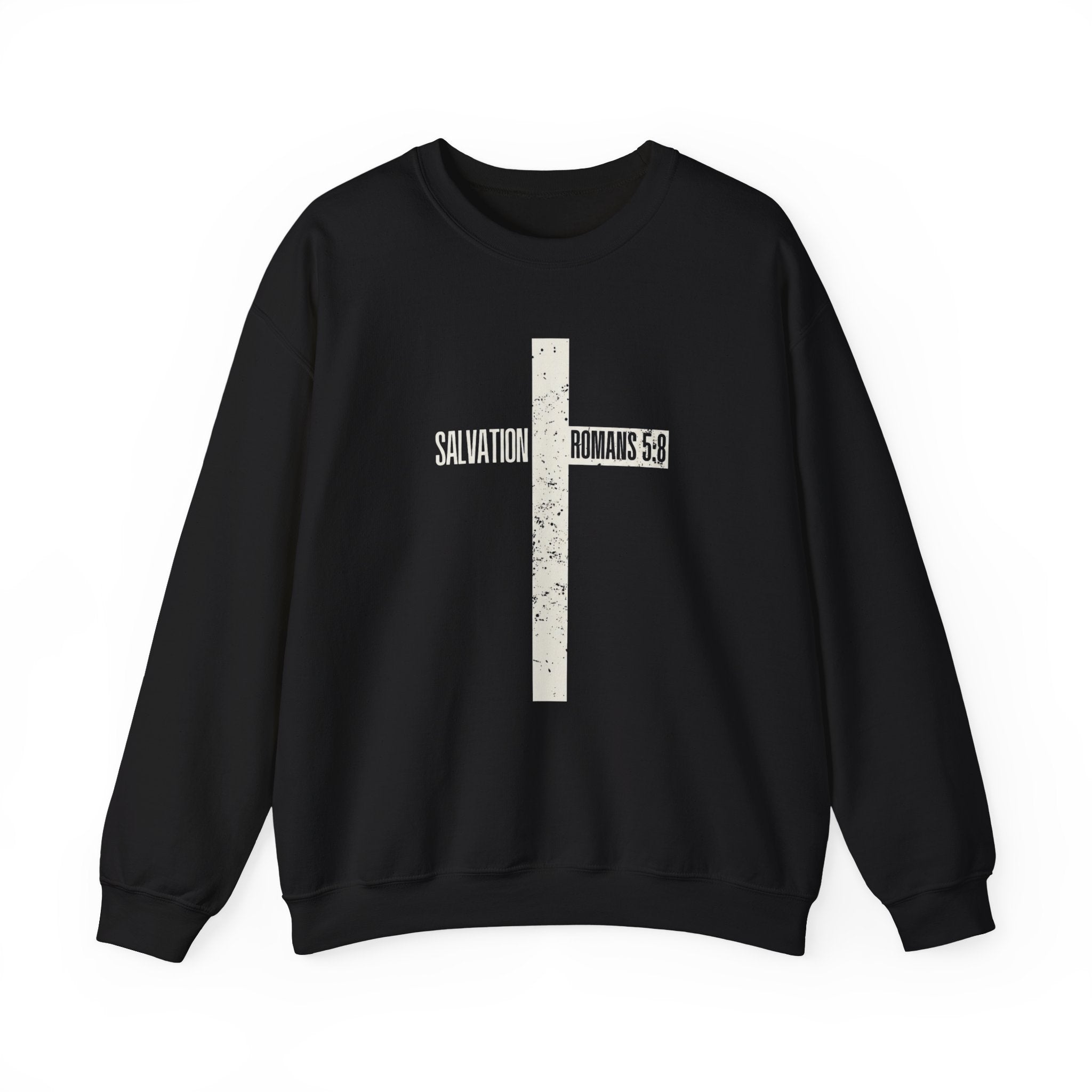 Christian Crewneck Sweatshirt "Salvation" Romans 5:8 Pullover, White Cross Graphic Apparel, Rustic Style Faith Sweatshirt