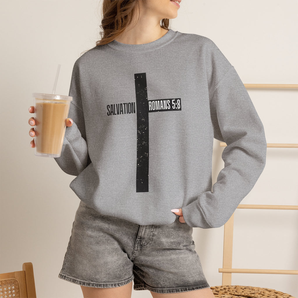 Christian Crewneck Sweatshirt "Salvation" Romans 5:8 Pullover, Jesus Cross Apparel, Faith Grace Graphic Sweatshirt