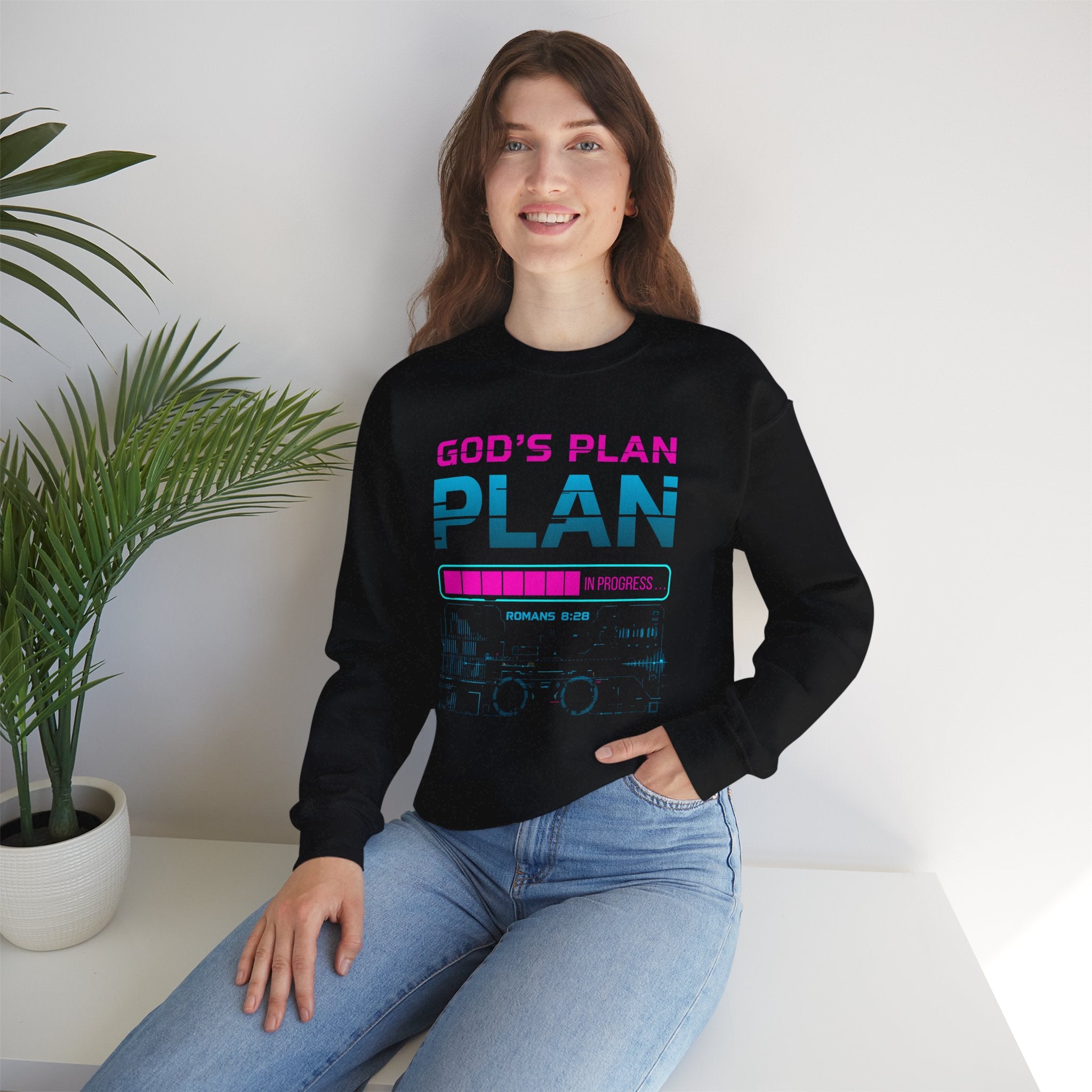 God's Plan Crewneck Sweatshirt — Retro Neon Faith Graphic