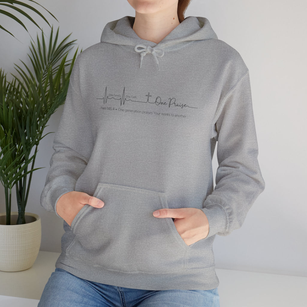 Hoodie "One Faith One Family One Praise" Minimal Heartbeat Faith Script - White Pullover