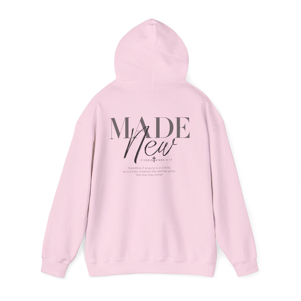 Inspirational Hoodie "Made New" Back Print Pullover, Christian Faith Sweatshirt, Minimalist Graphic Streetwear