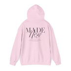 Inspirational Hoodie "Made New" Back Print Pullover, Christian Faith Sweatshirt, Minimalist Graphic Streetwear