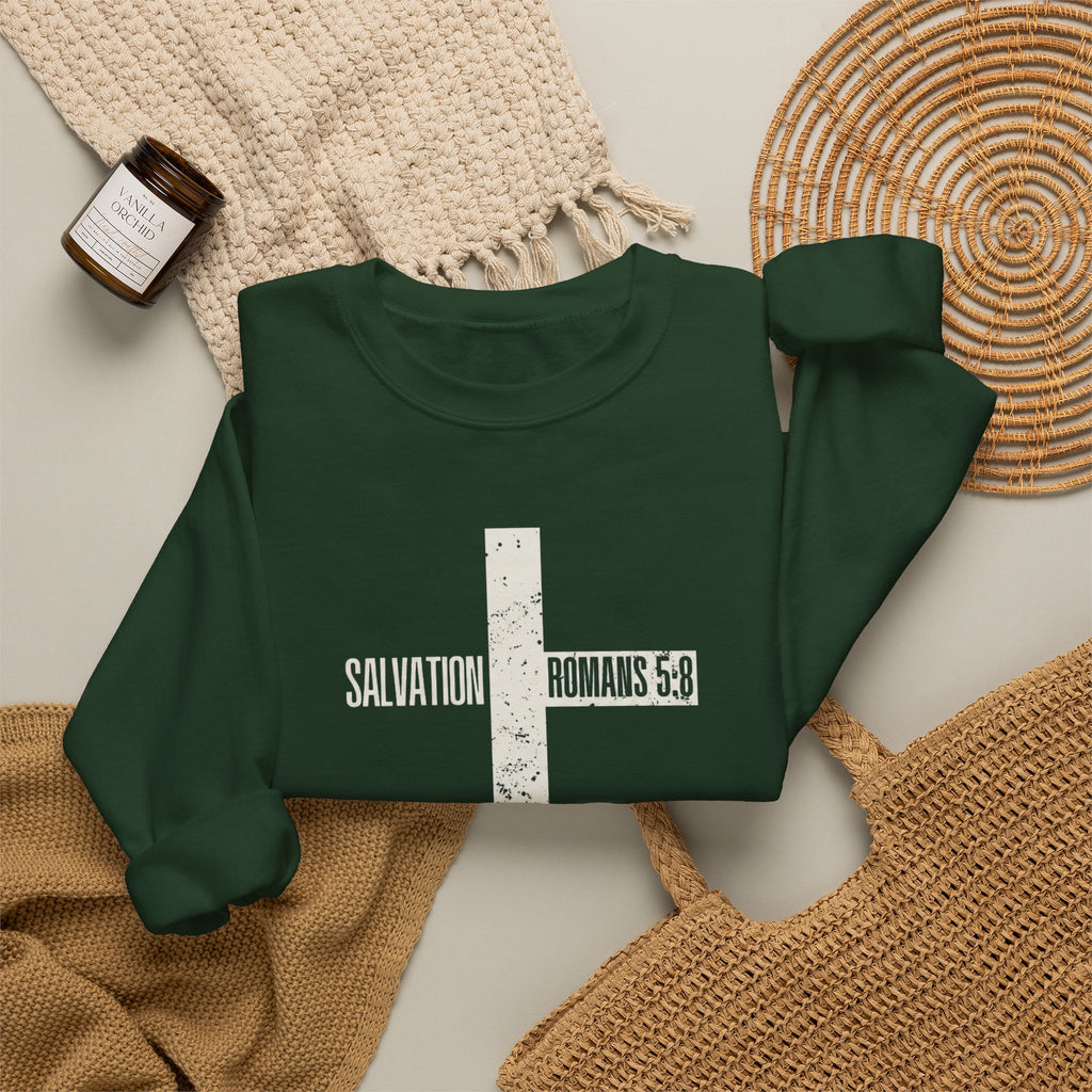 Christian Crewneck Sweatshirt "Salvation" Romans 5:8 Pullover, White Cross Graphic Apparel, Rustic Style Faith Sweatshirt