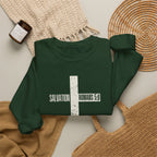 Christian Crewneck Sweatshirt "Salvation" Romans 5:8 Pullover, White Cross Graphic Apparel, Rustic Style Faith Sweatshirt