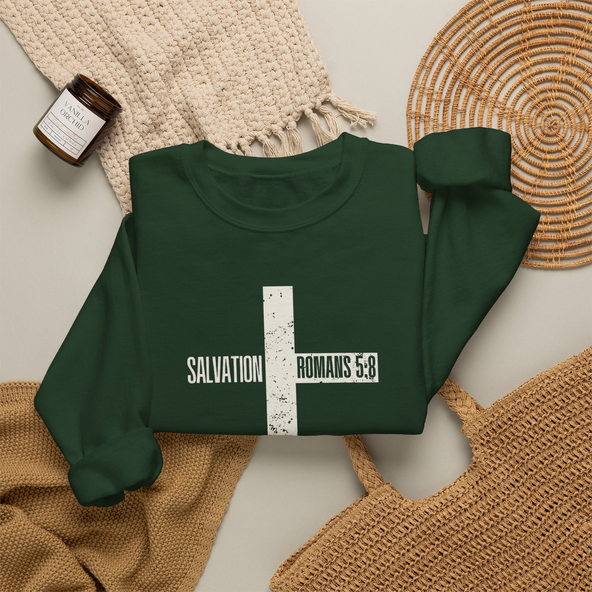 Christian Crewneck Sweatshirt "Salvation" Romans 5:8 Pullover, White Cross Graphic Apparel, Rustic Style Faith Sweatshirt