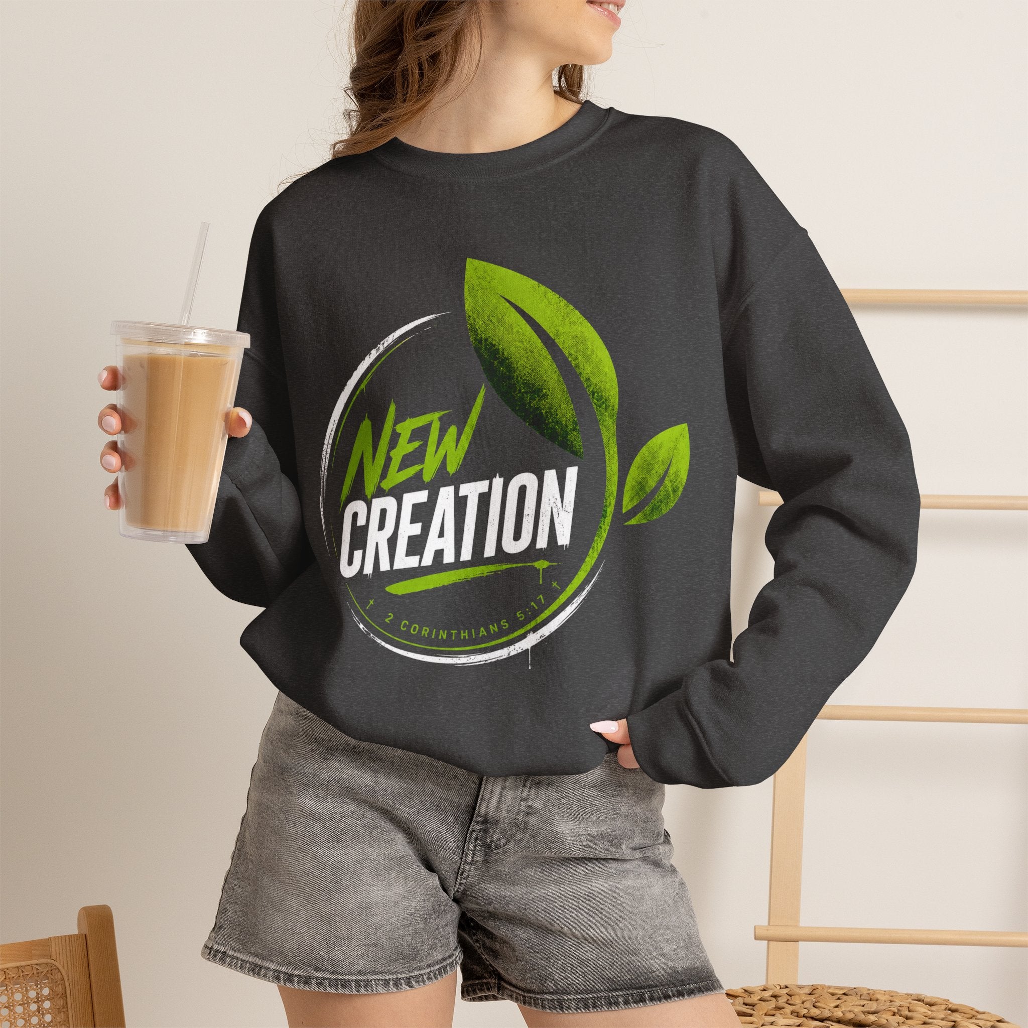 Christian Crewneck Sweatshirt "New Creation" Pullover, 2 Corinthians 5:17 Scripture Apparel, Green Leaf Graphic Sweatshirt