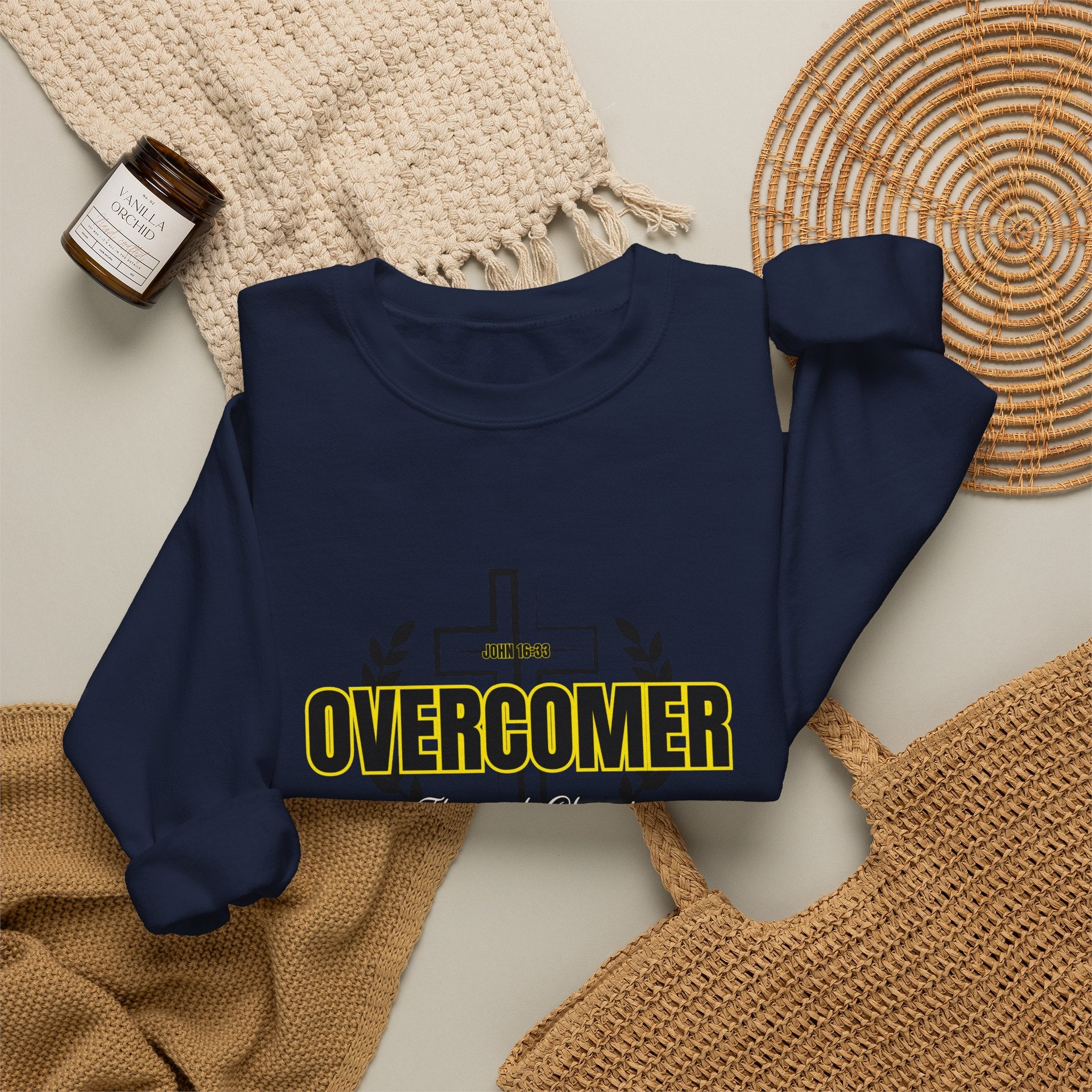 "Overcomer" Cross Graphic Crewneck – Unisex Minimalist Faith Pullover