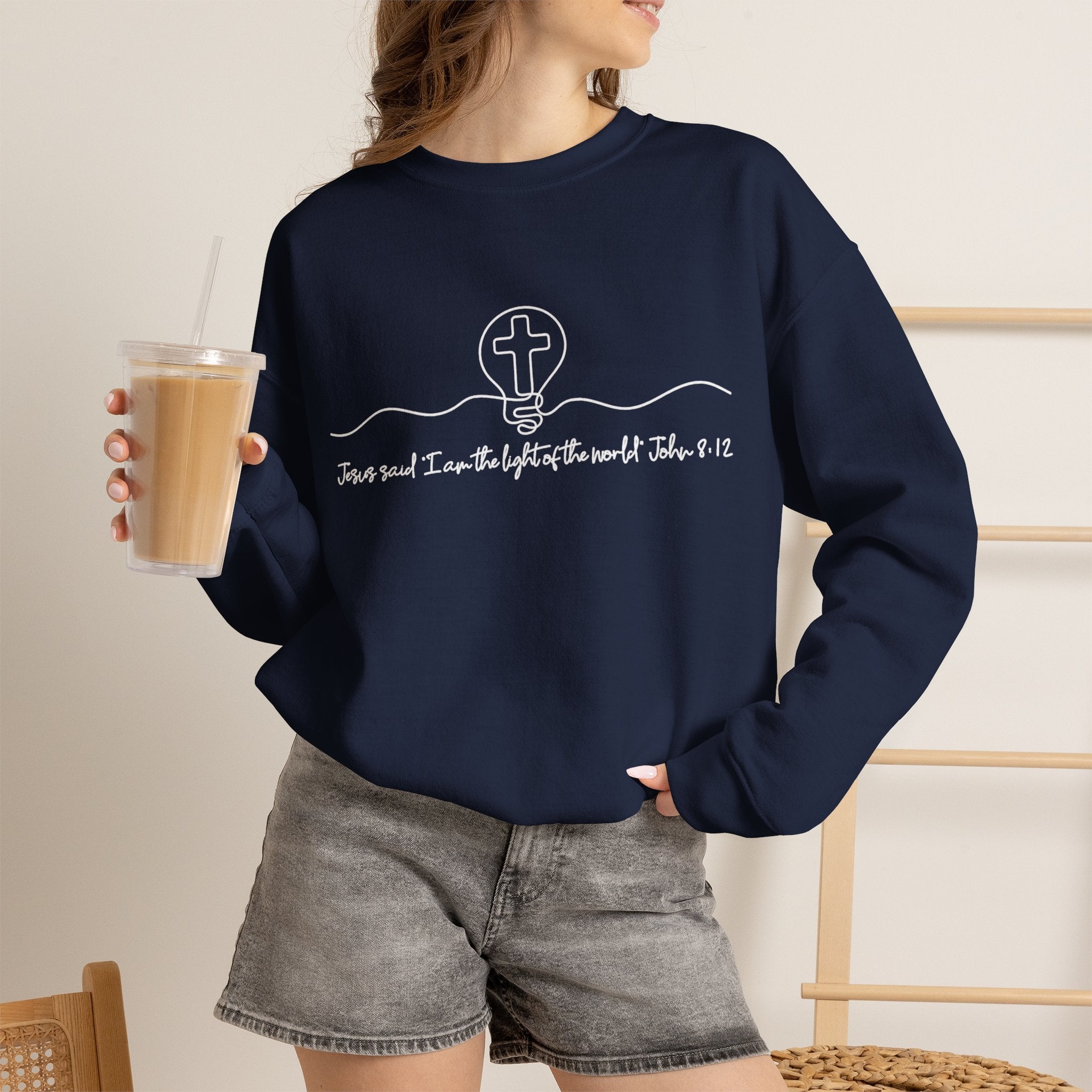 Christian Crewneck Sweatshirt "I AM the Light" Cross Pullover, John 8:12 Scripture Apparel, Faith Graphic Sweatshirt