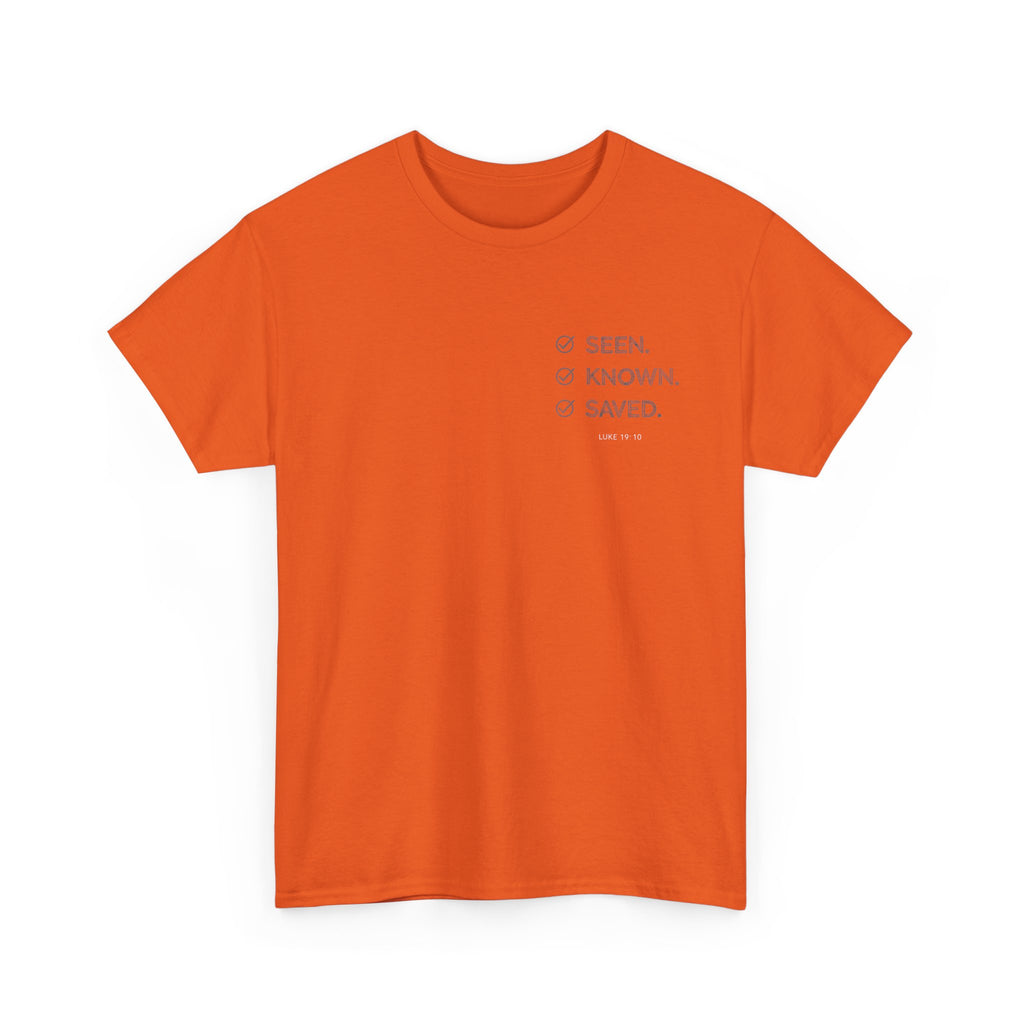 Black Text-Pattern T-Shirt — Seen Known Saved Christian Typography Graphic Tee